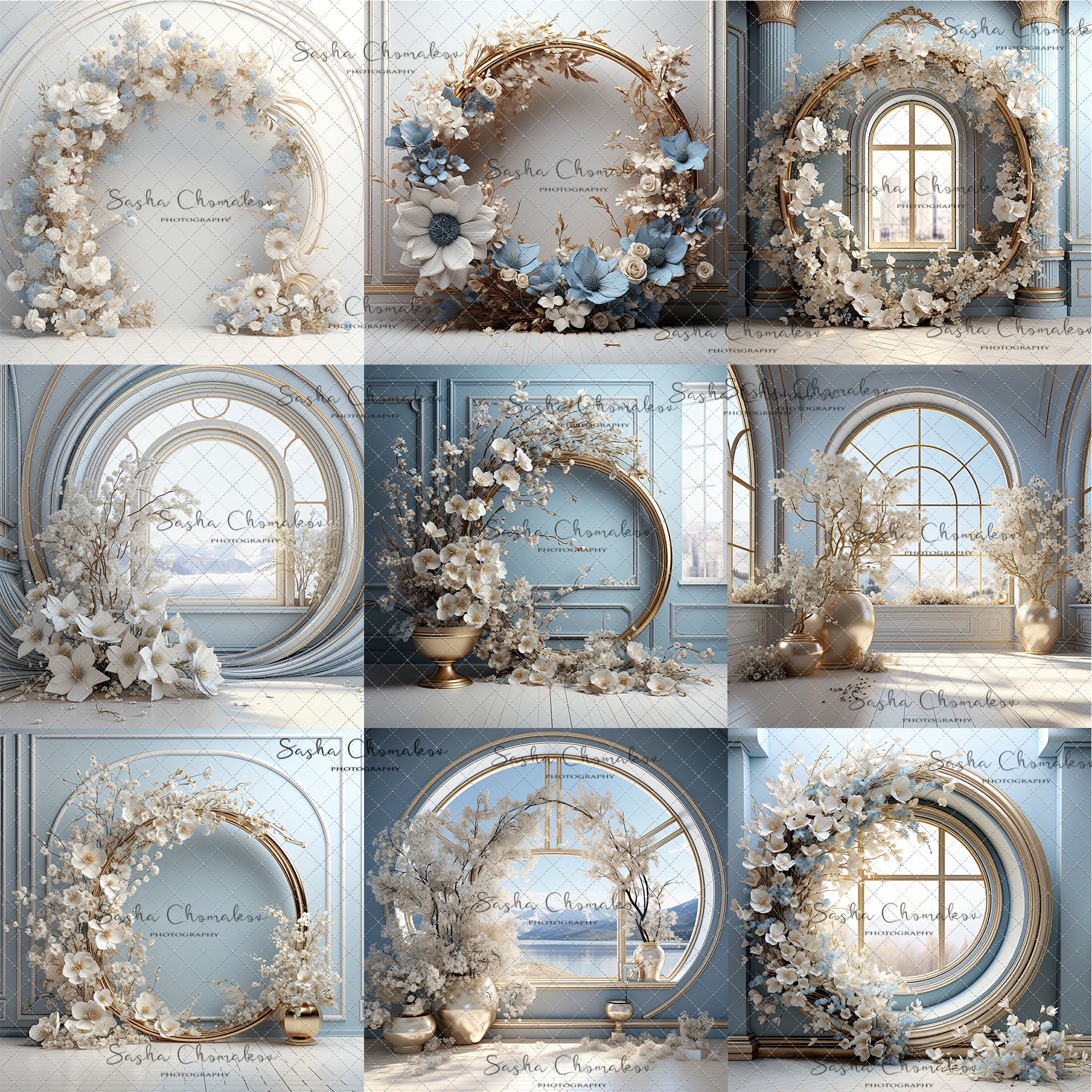 Digital Backdrops Ai generated side lit blues gold floral rings , wreaths
