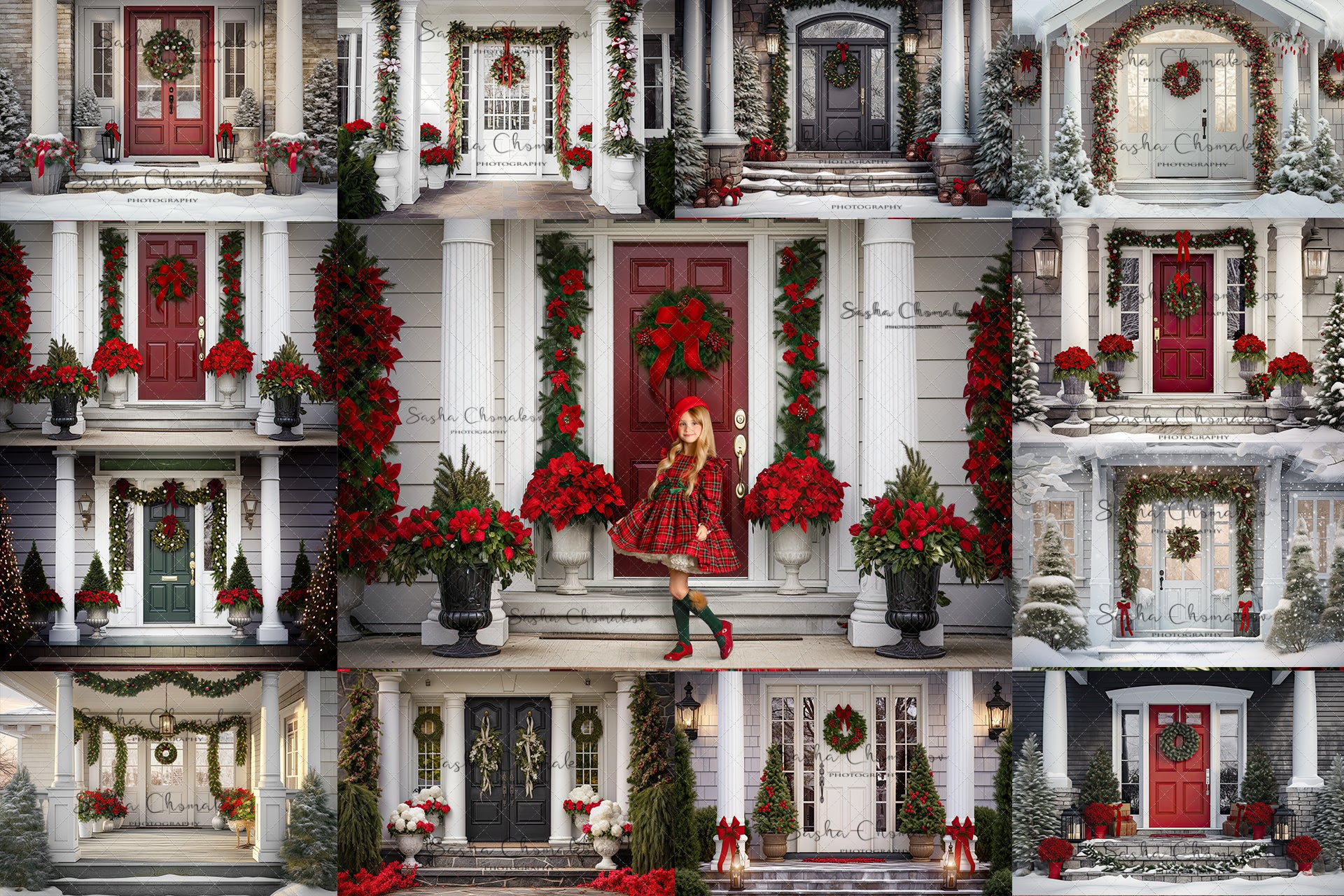 Digital backgrounds Ai generated Christmas front doors set 1