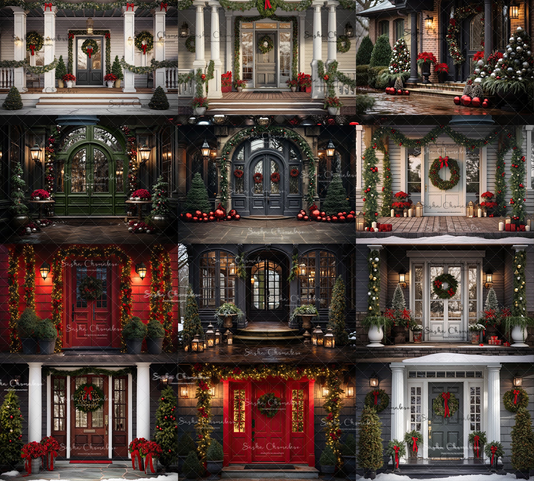 Digital backgrounds Ai generated Christmas front doors set 5