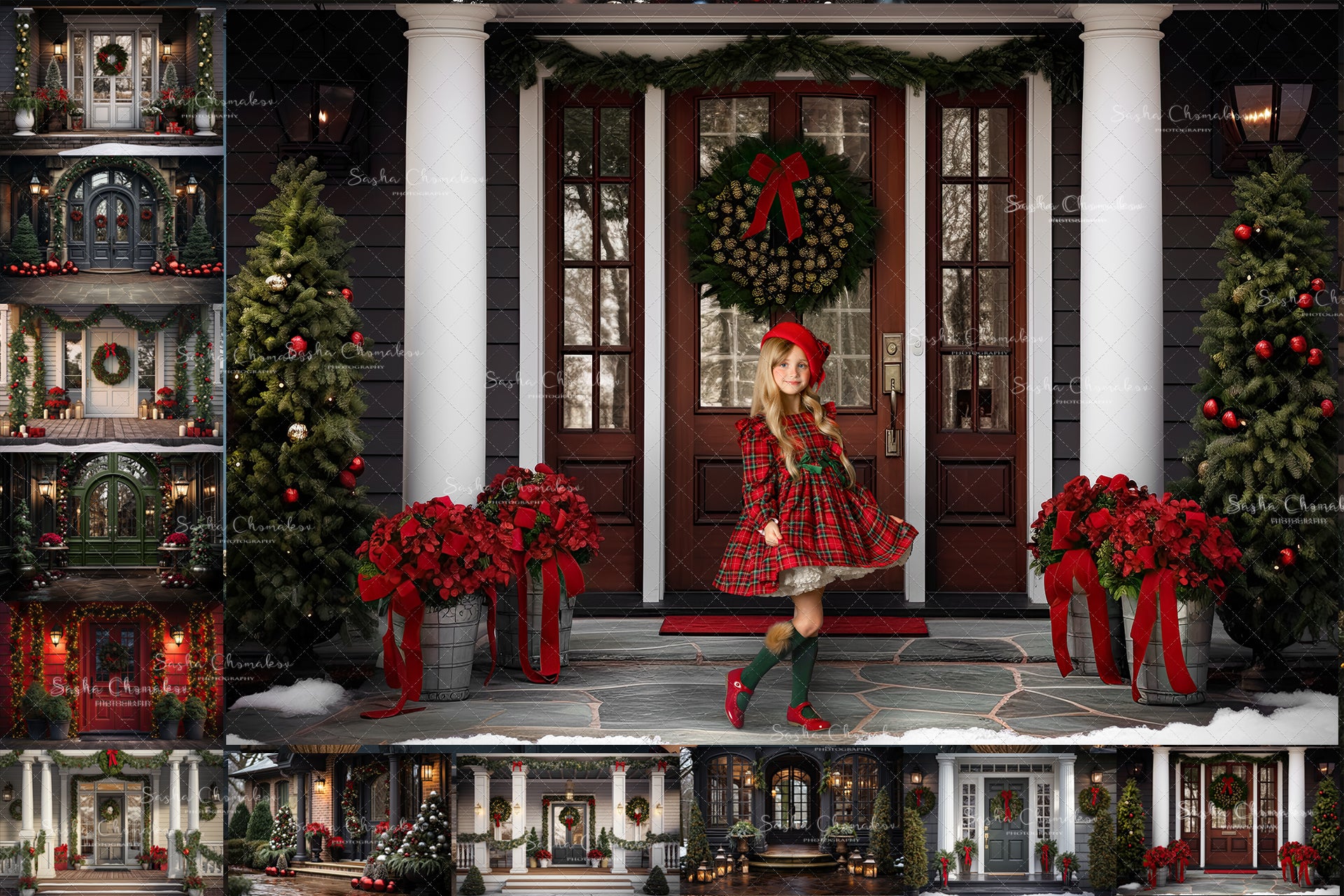 Digital backgrounds Ai generated Christmas front doors set 5