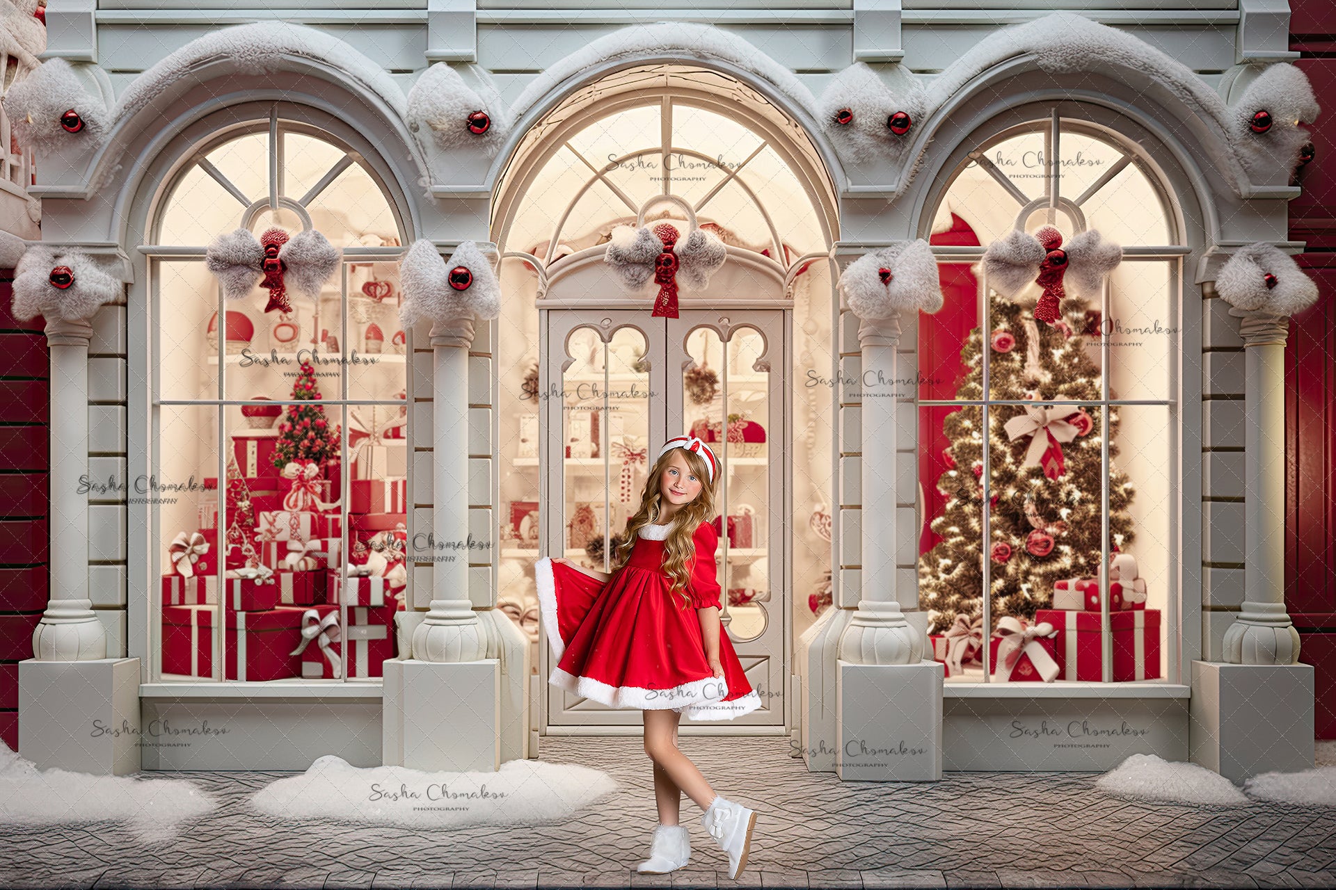 Digital backgrounds Ai generated Christmas white store front