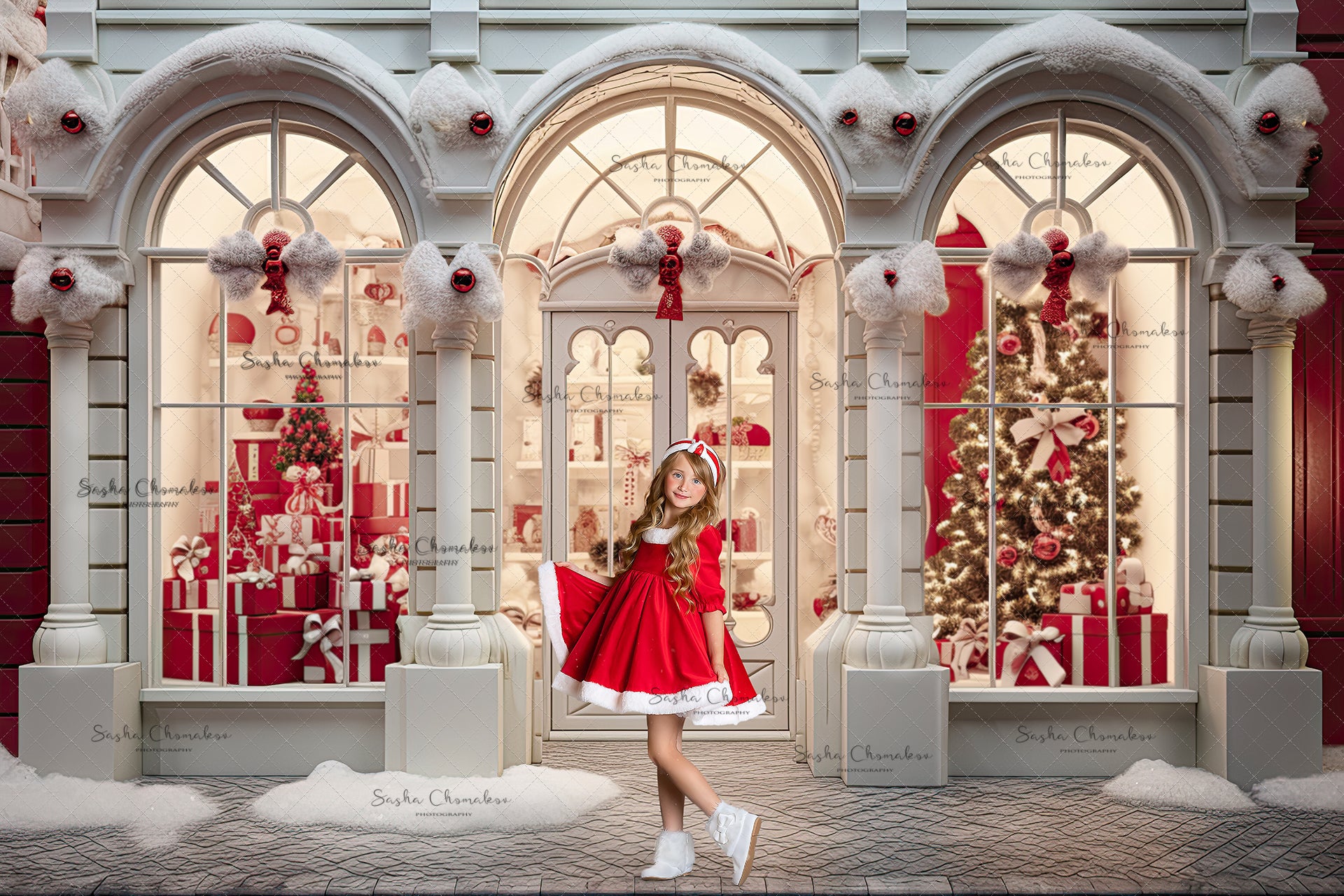 Digital backgrounds Ai generated Christmas white store front