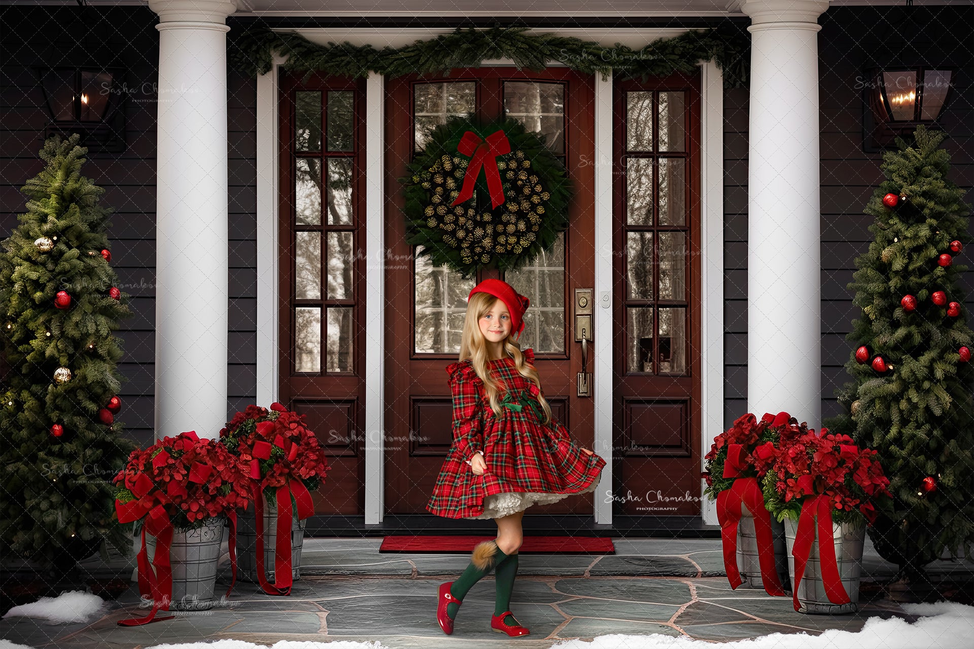Digital backgrounds Ai generated Christmas front doors set 5