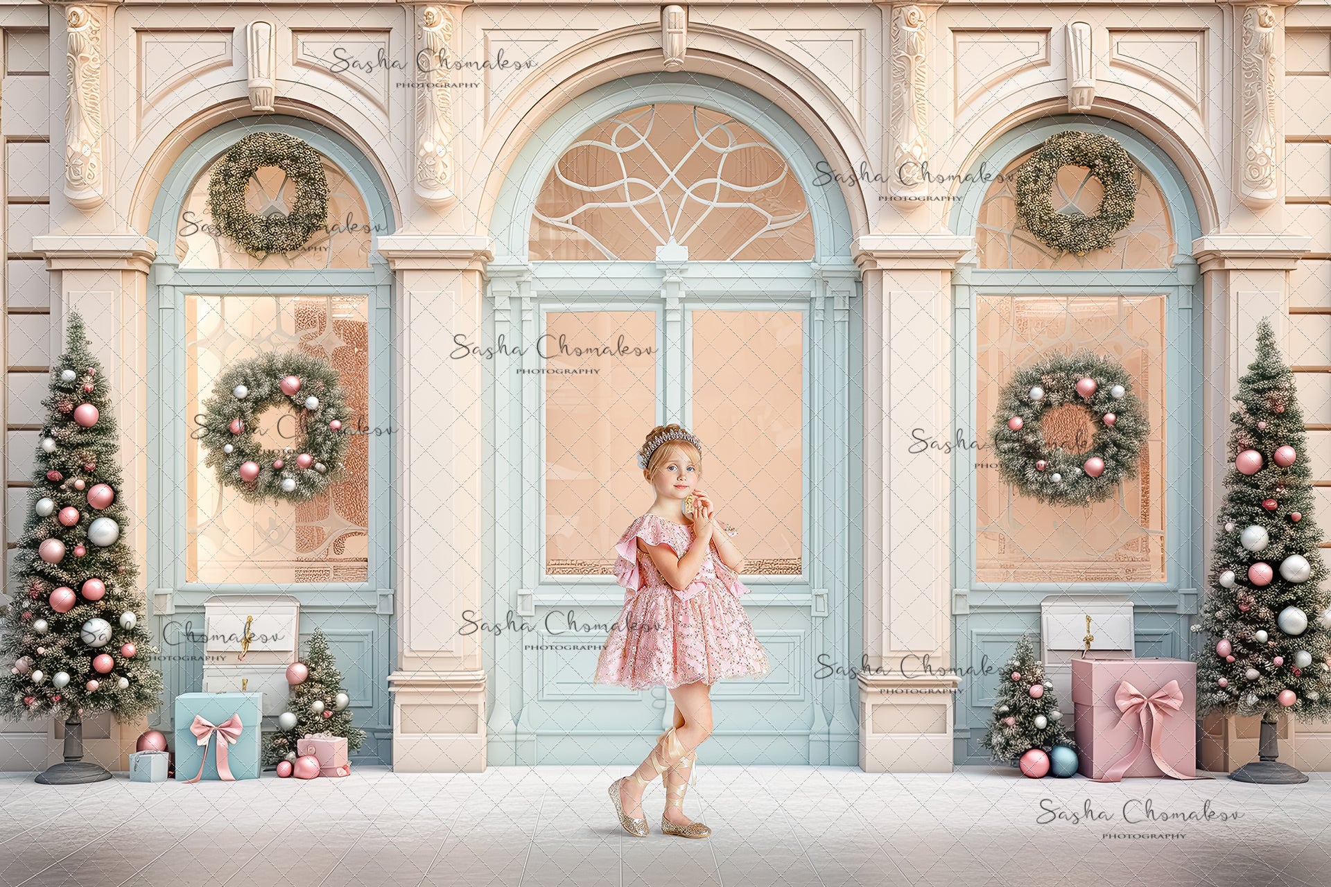 Digital backgrounds pastel Christmas store fronts Ai generated