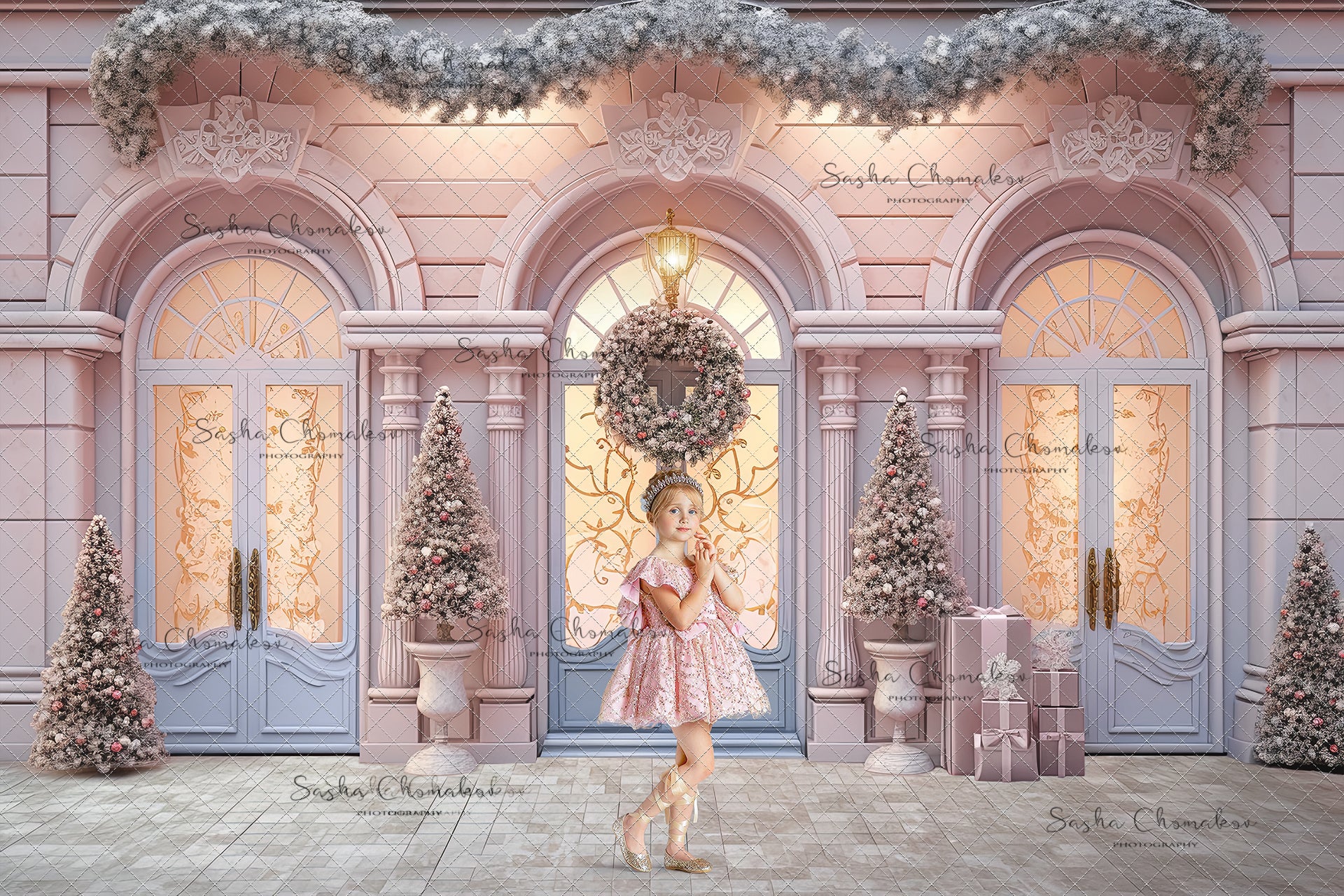 Digital backgrounds pastel Christmas store fronts Ai generated