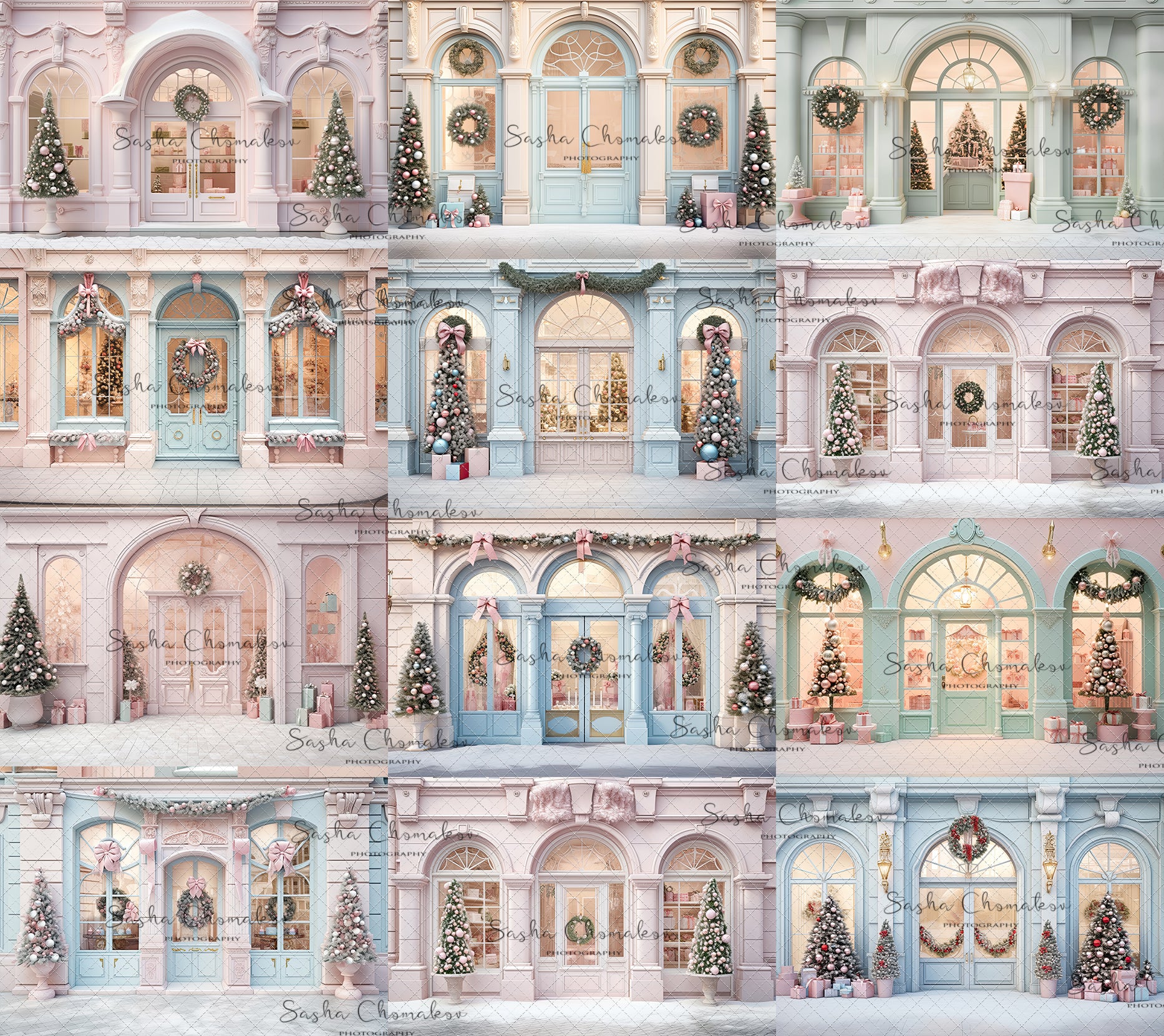 Digital backgrounds pastel Christmas store fronts Ai generated