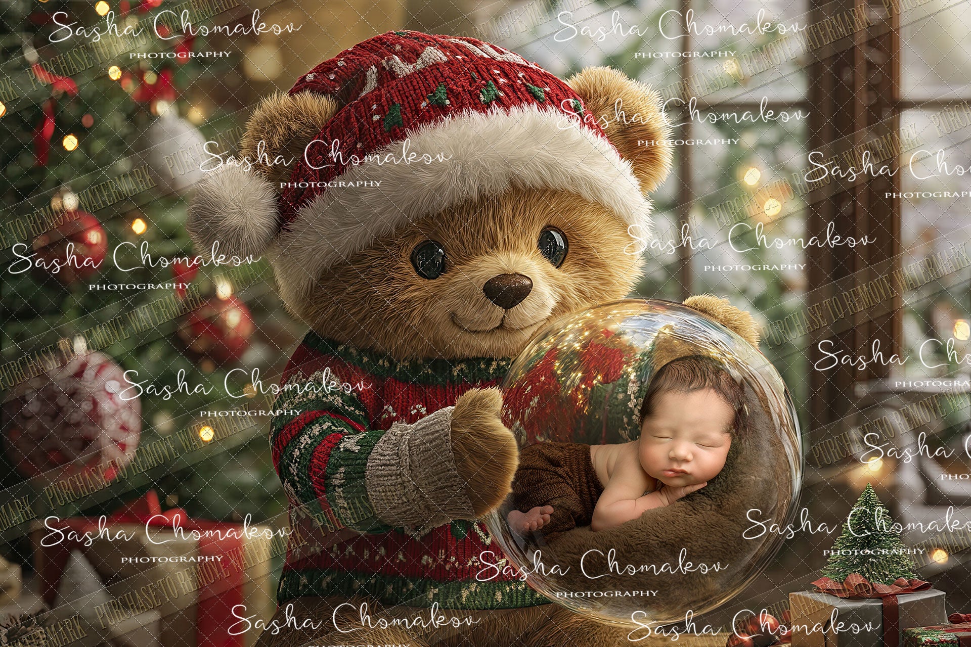 Digital Backdrop Ai generated Christmas globes bear