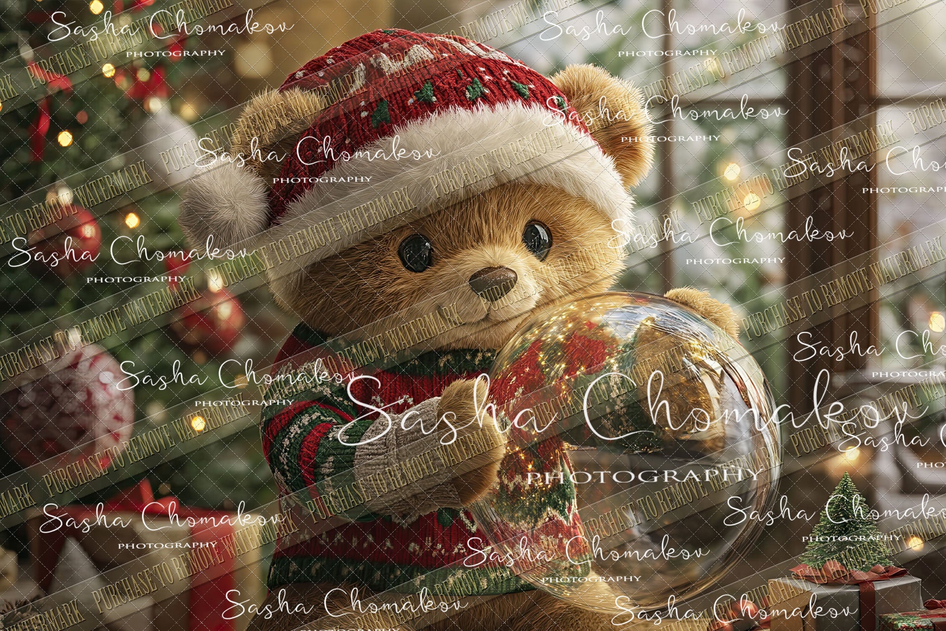 Digital Backdrop Ai generated Christmas globes bear