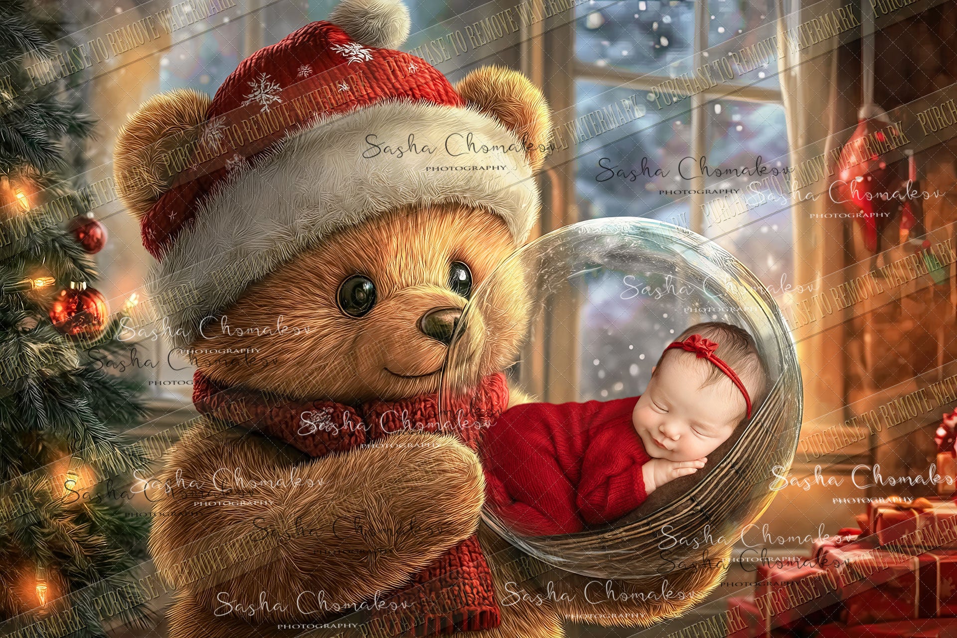 Digital Backdrop Ai generated Christmas globes bear