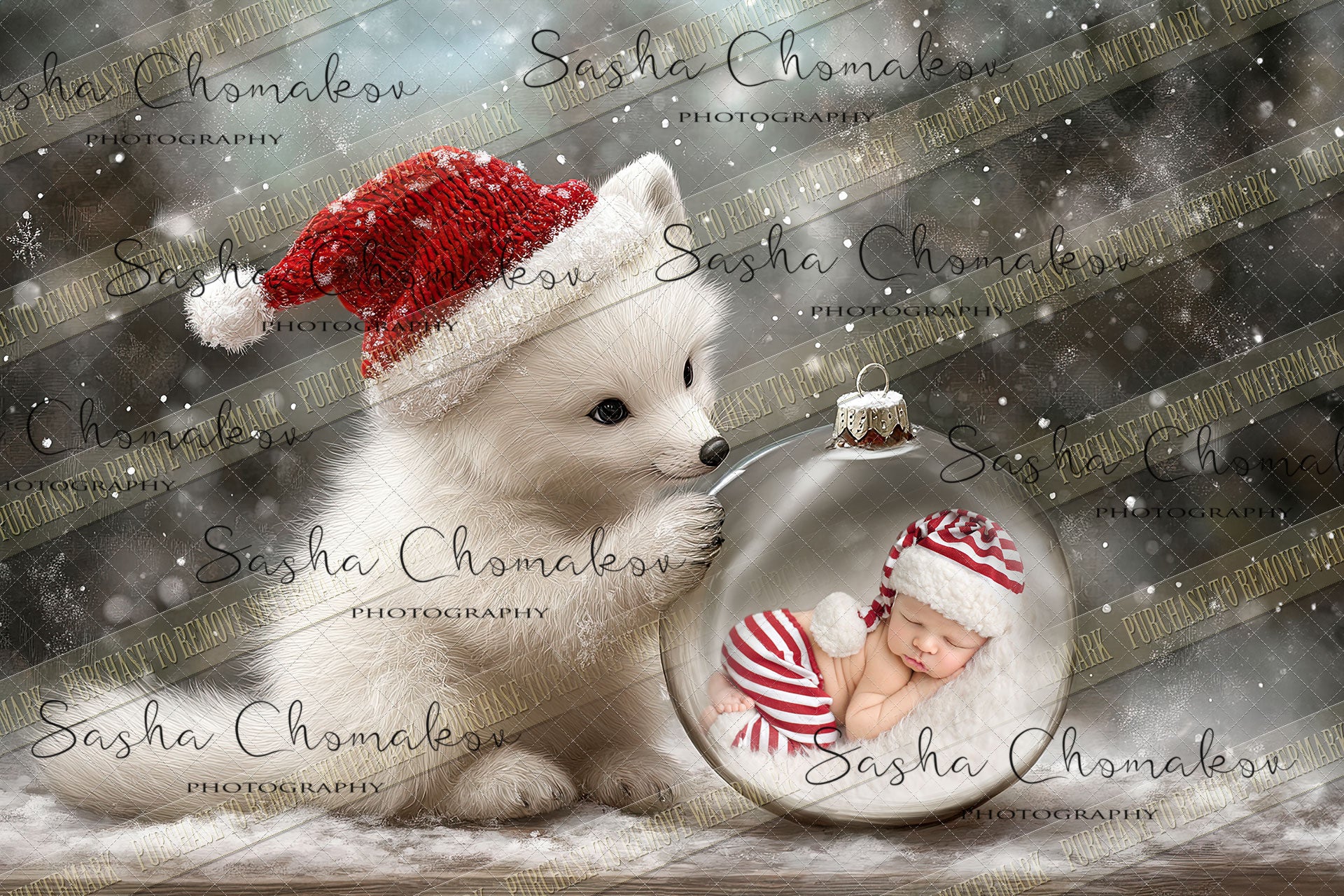 Digital Backdrop Ai generated Christmas globes fox