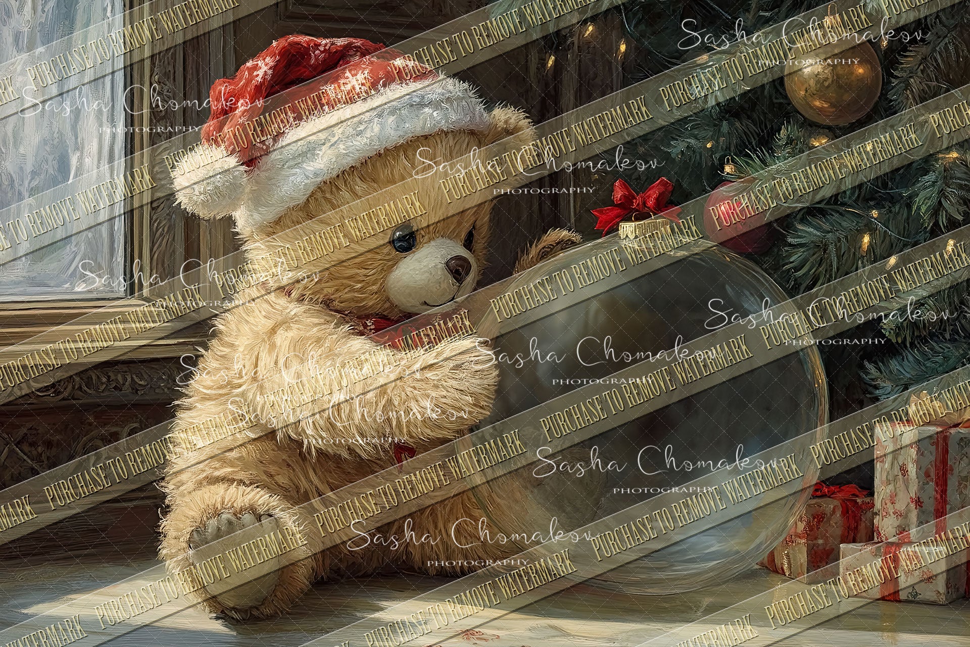 Digital Backdrop Ai generated Christmas globes bear