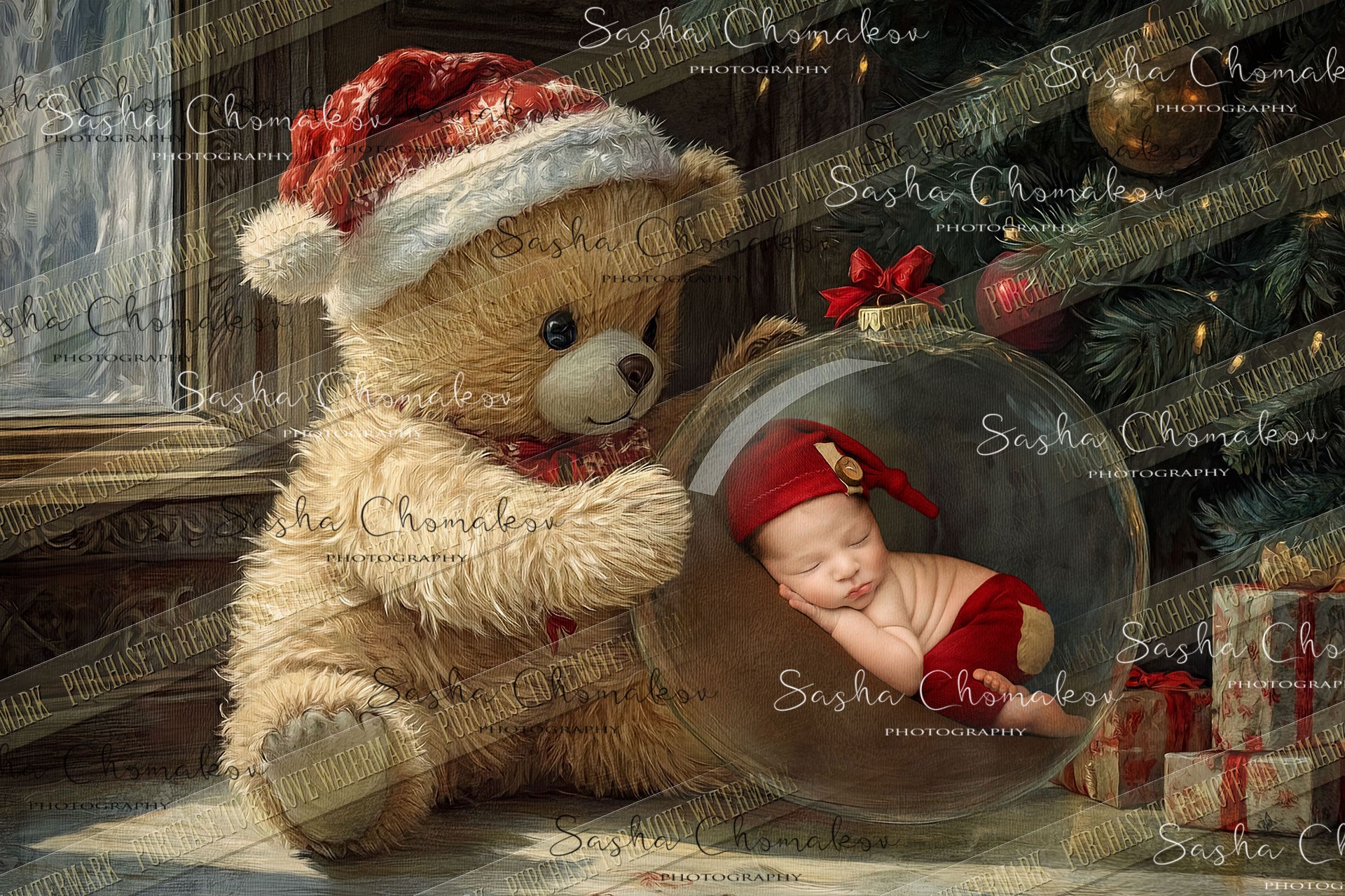 Digital Backdrop Ai generated Christmas globes bear