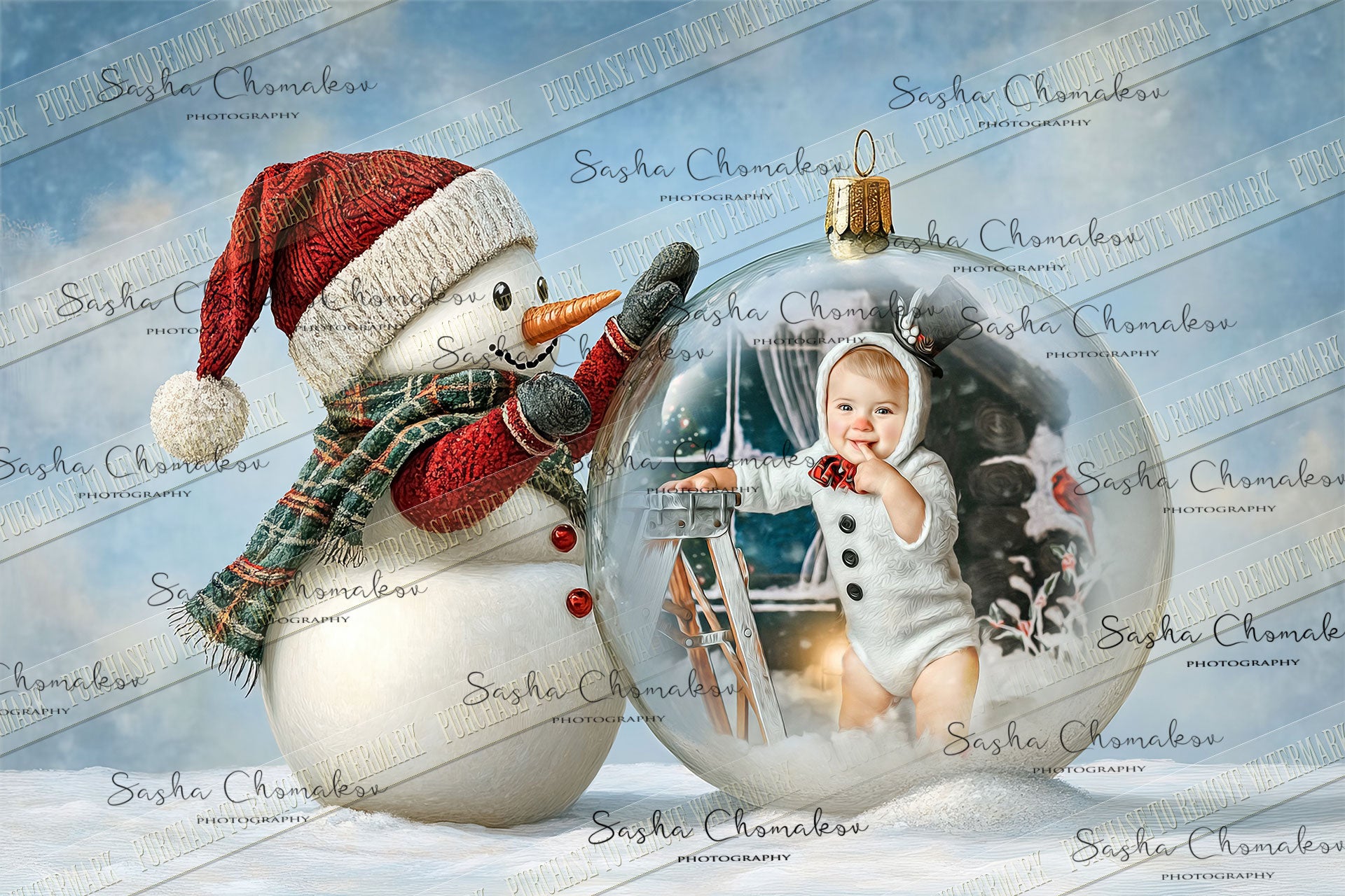 Digital Backdrop Ai generated Christmas globes snowman