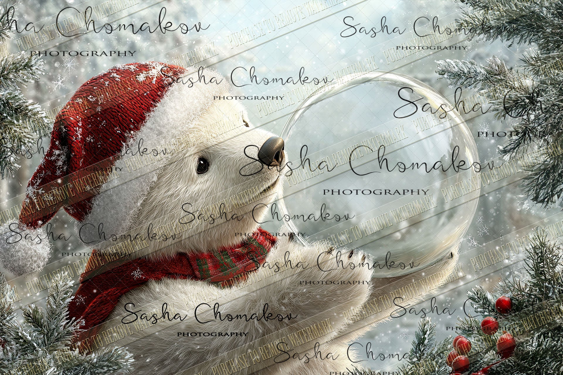 Digital Backdrop Ai generated Christmas globes bear