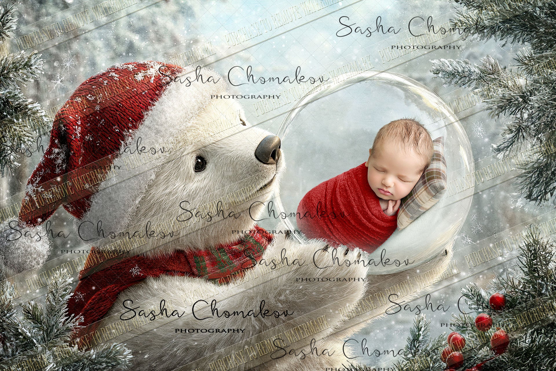 Digital Backdrop Ai generated Christmas globes bear