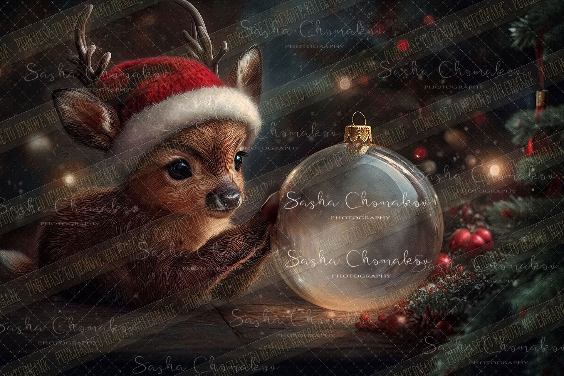 Digital Backdrop Ai generated Christmas globes fox deer