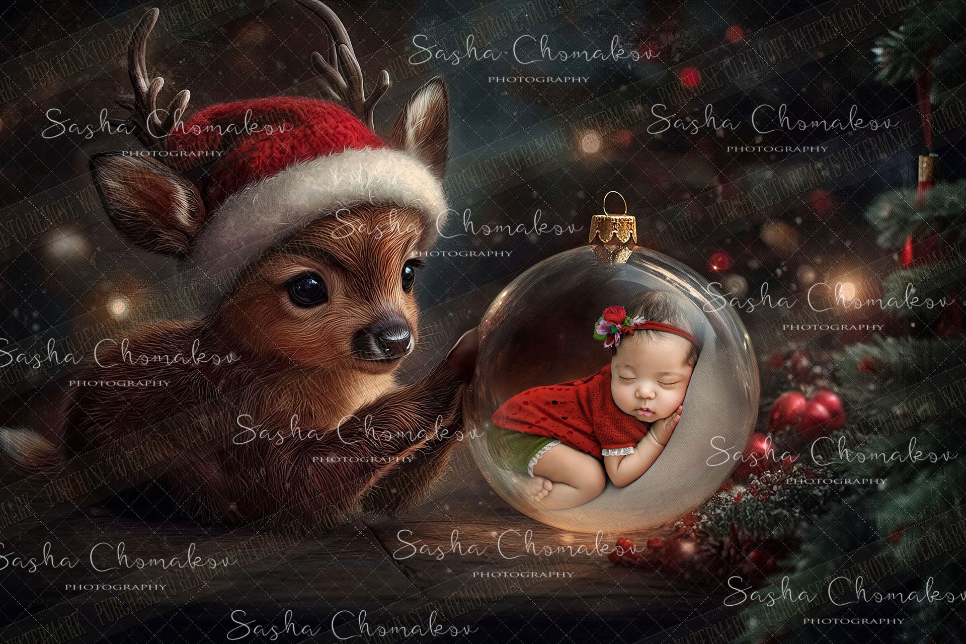 Digital Backdrop Ai generated Christmas globes fox deer