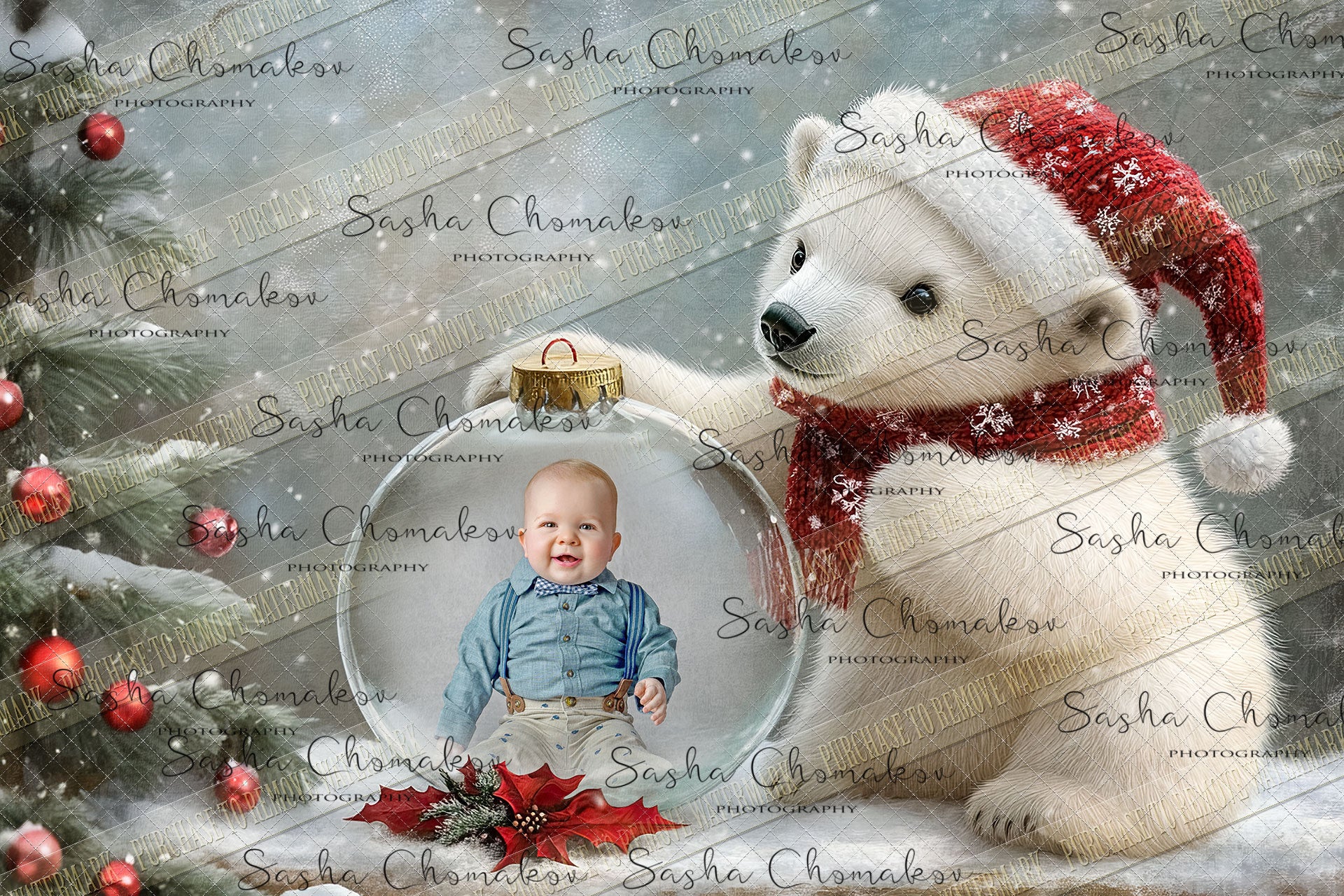 Digital Backdrop Ai generated Christmas globes bear