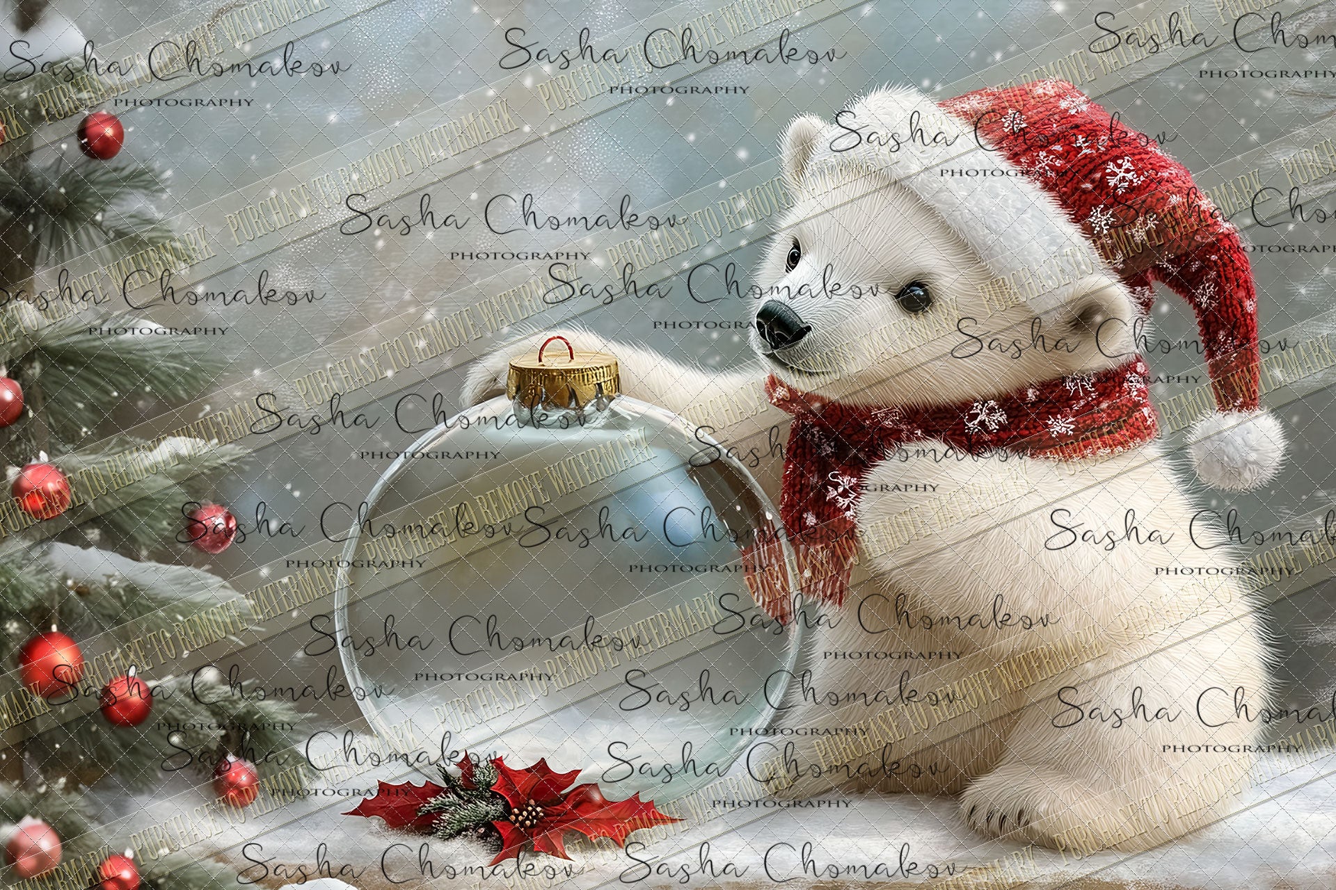 Digital Backdrop Ai generated Christmas globes bear