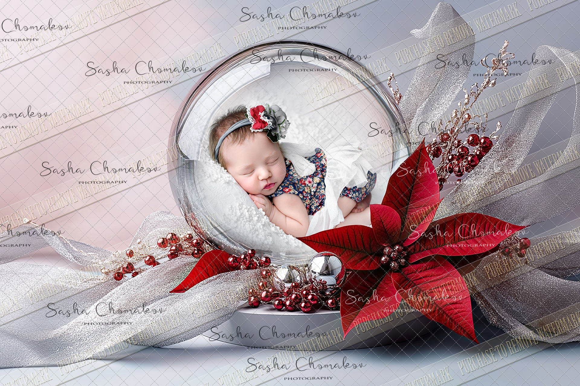 Digital Backdrop Ai generated Christmas globes poinsettia