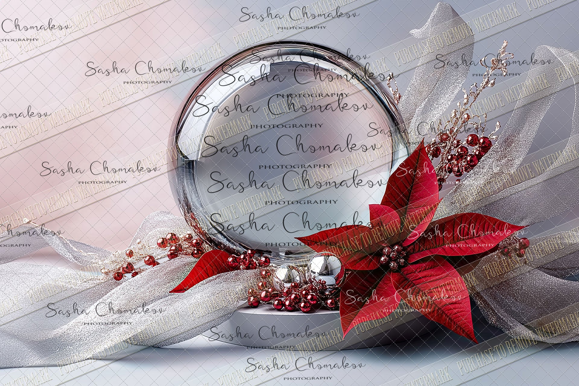 Digital Backdrop Ai generated Christmas globes poinsettia