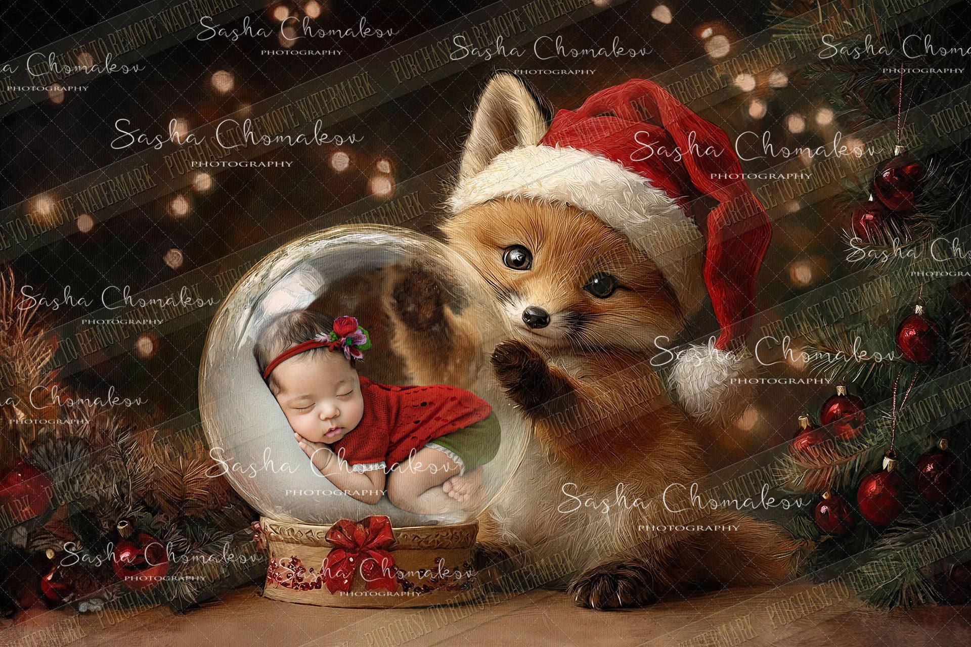 Digital Backdrop Ai generated Christmas globes fox