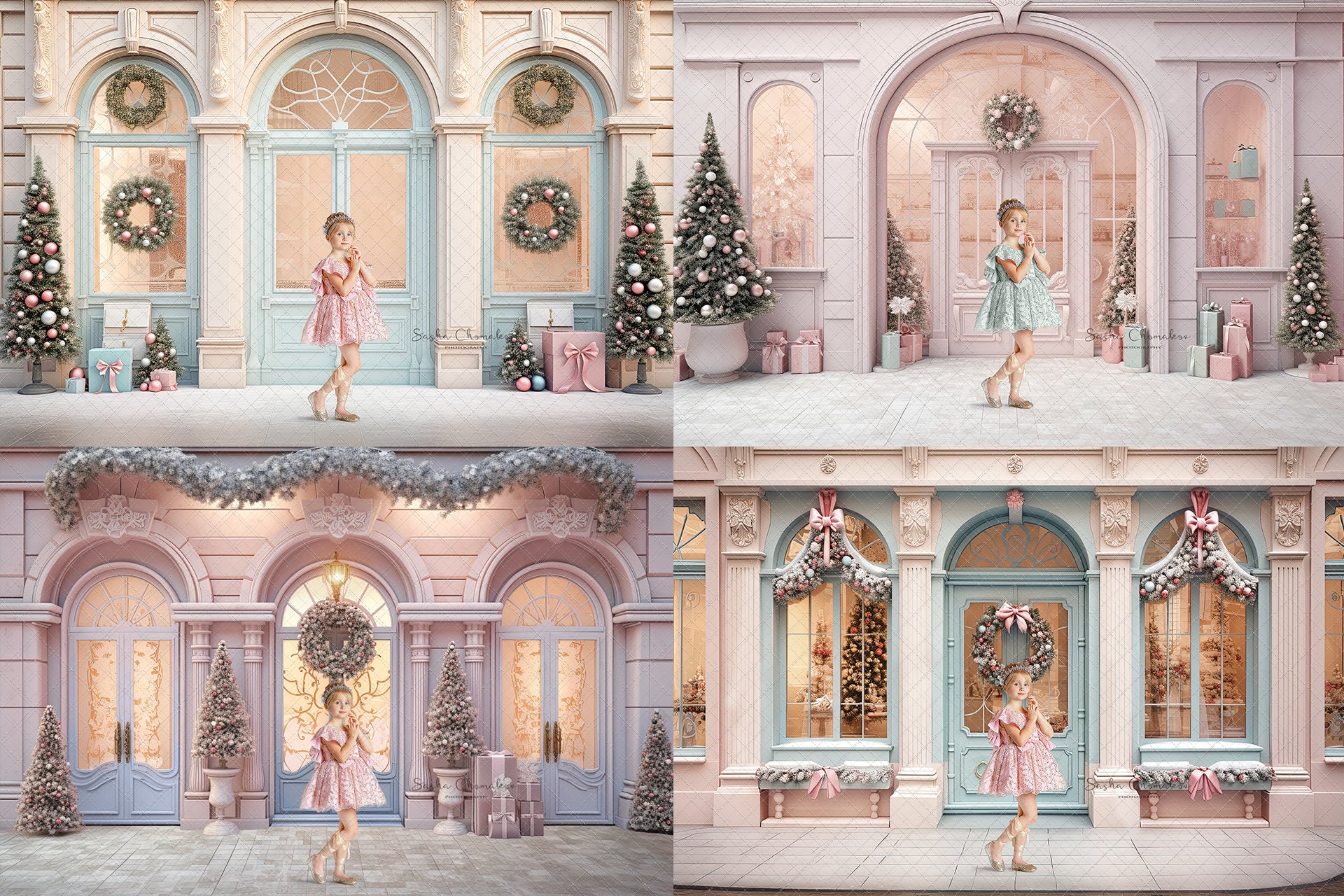 Digital backgrounds pastel Christmas store fronts Ai generated