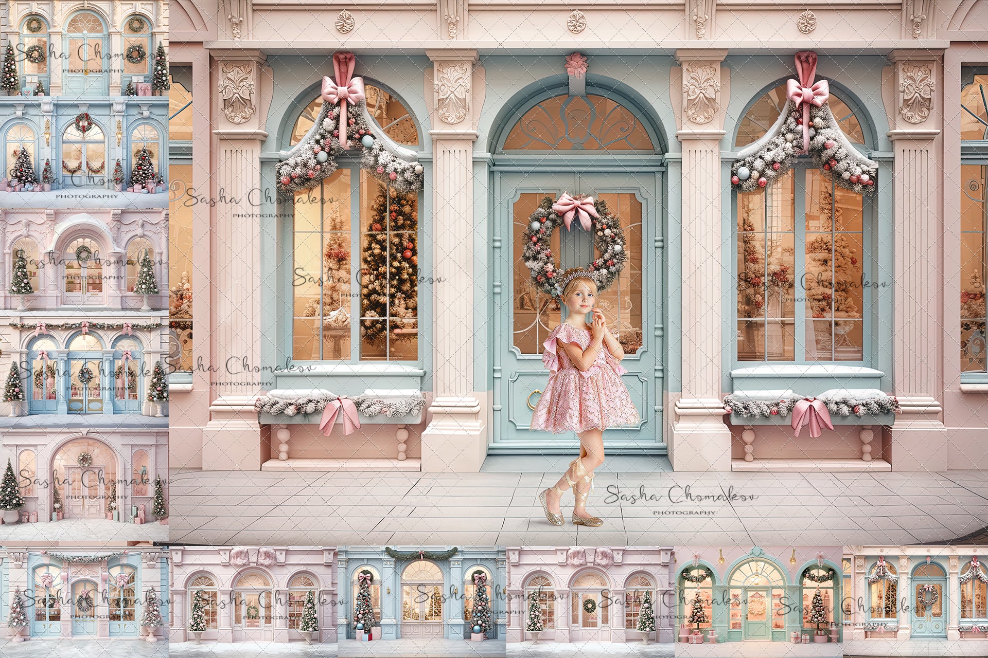 Digital backgrounds pastel Christmas store fronts Ai generated