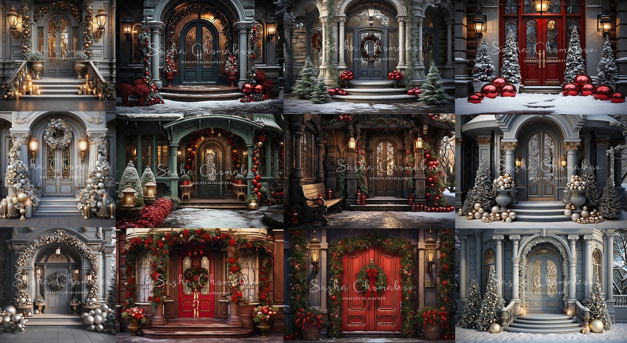 Digital backgrounds Ai generated Christmas front doors set 4