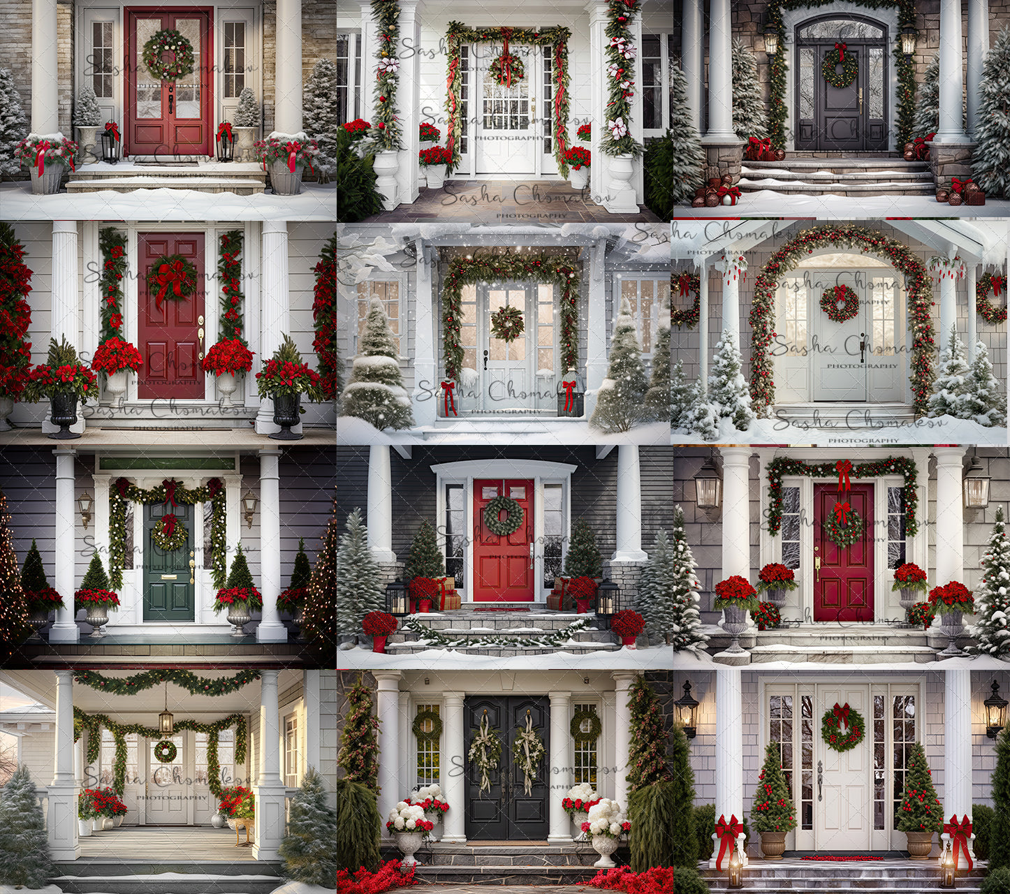 Digital backgrounds Ai generated Christmas front doors set 1