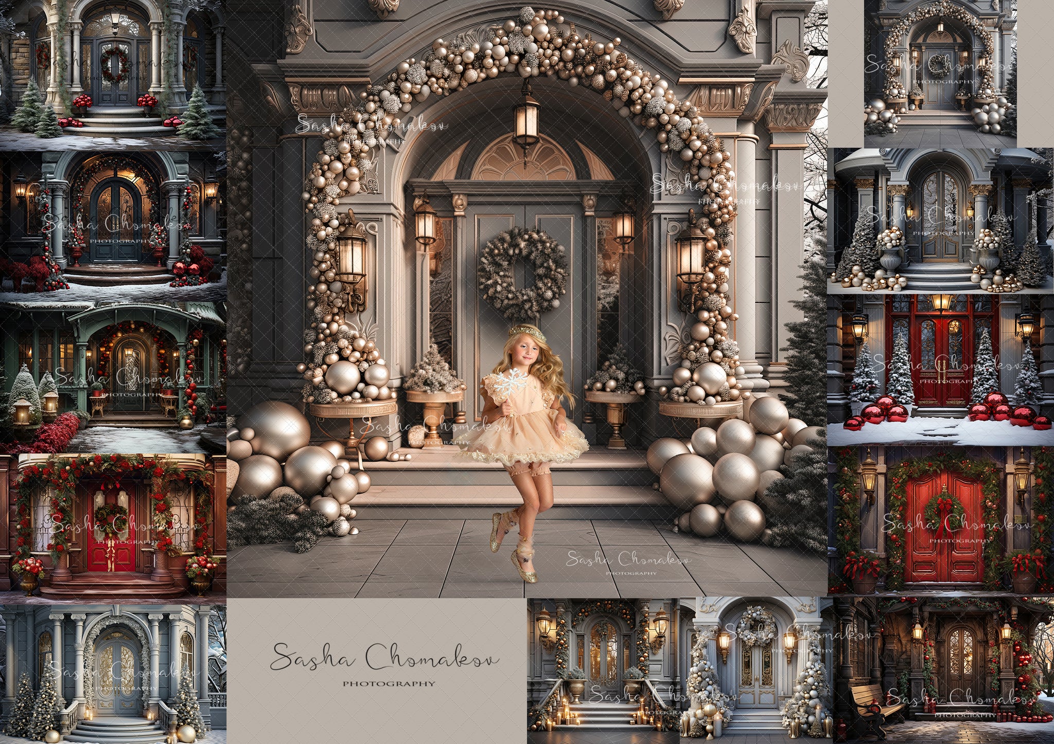 Digital backgrounds Ai generated Christmas front doors set 4