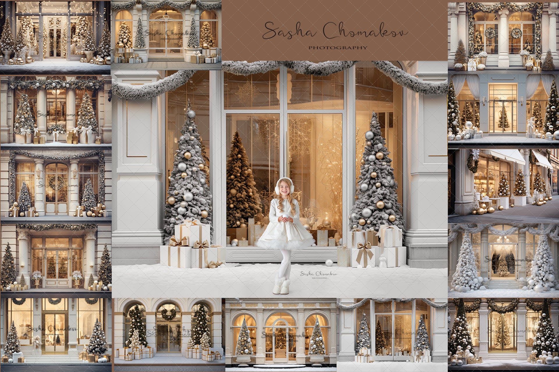 Digital backgrounds Ai generated Christmas white store front