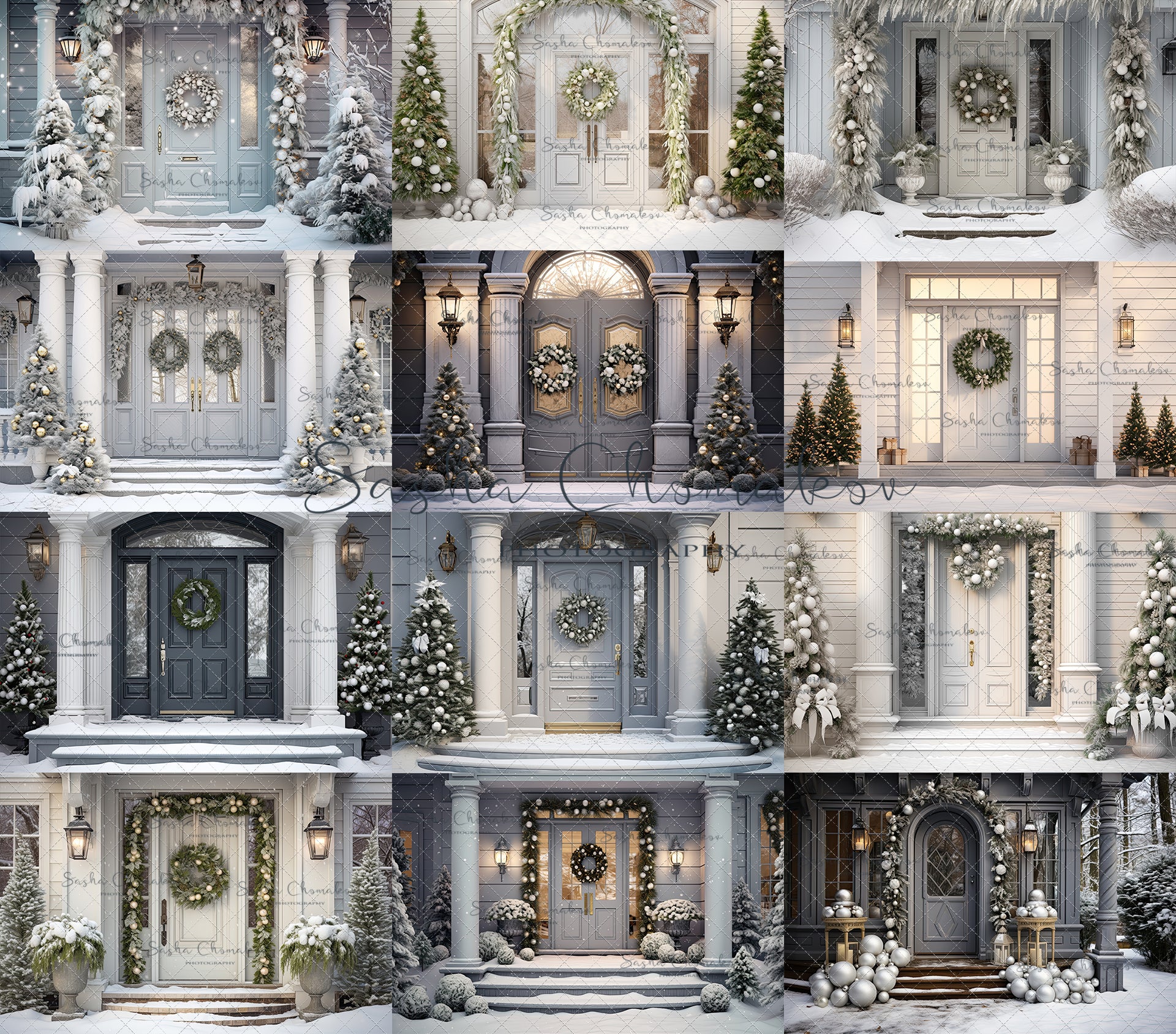 Digital backgrounds Ai generated Christmas front doors set 2