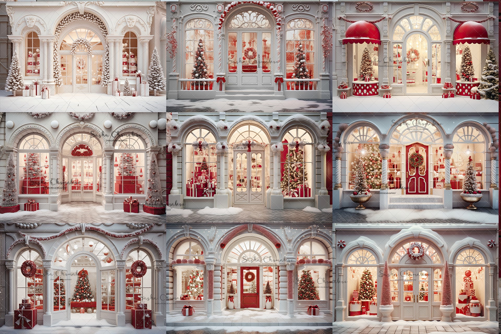 Digital backgrounds Ai generated Christmas white store front