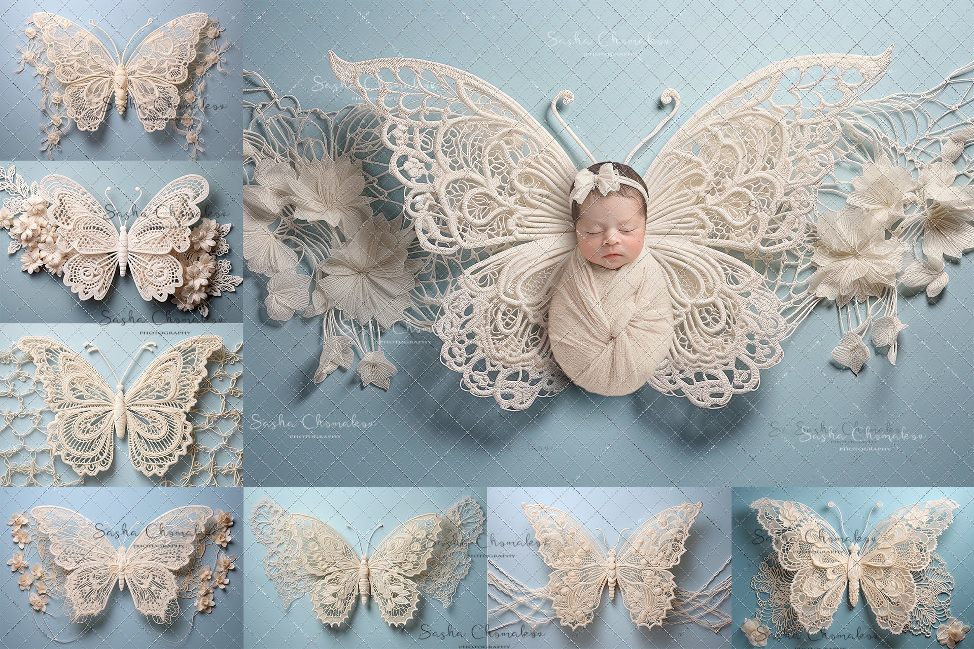 Digital Backdrops Ai generated boho butterflies blues creams