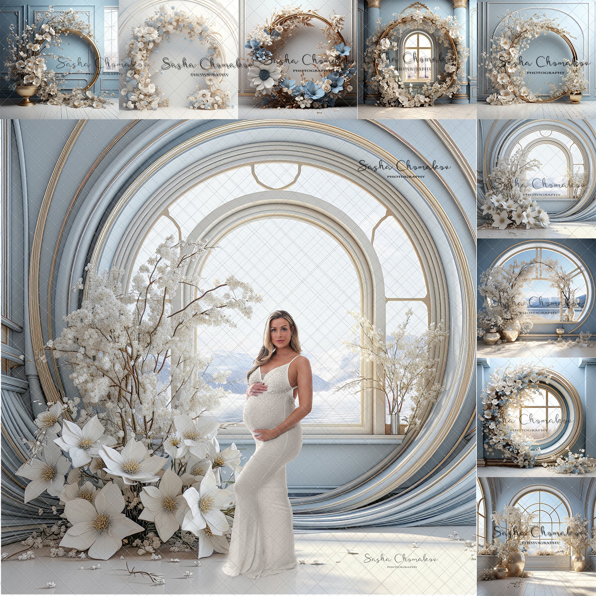 Digital Backdrops Ai generated side lit blues gold floral rings , wreaths