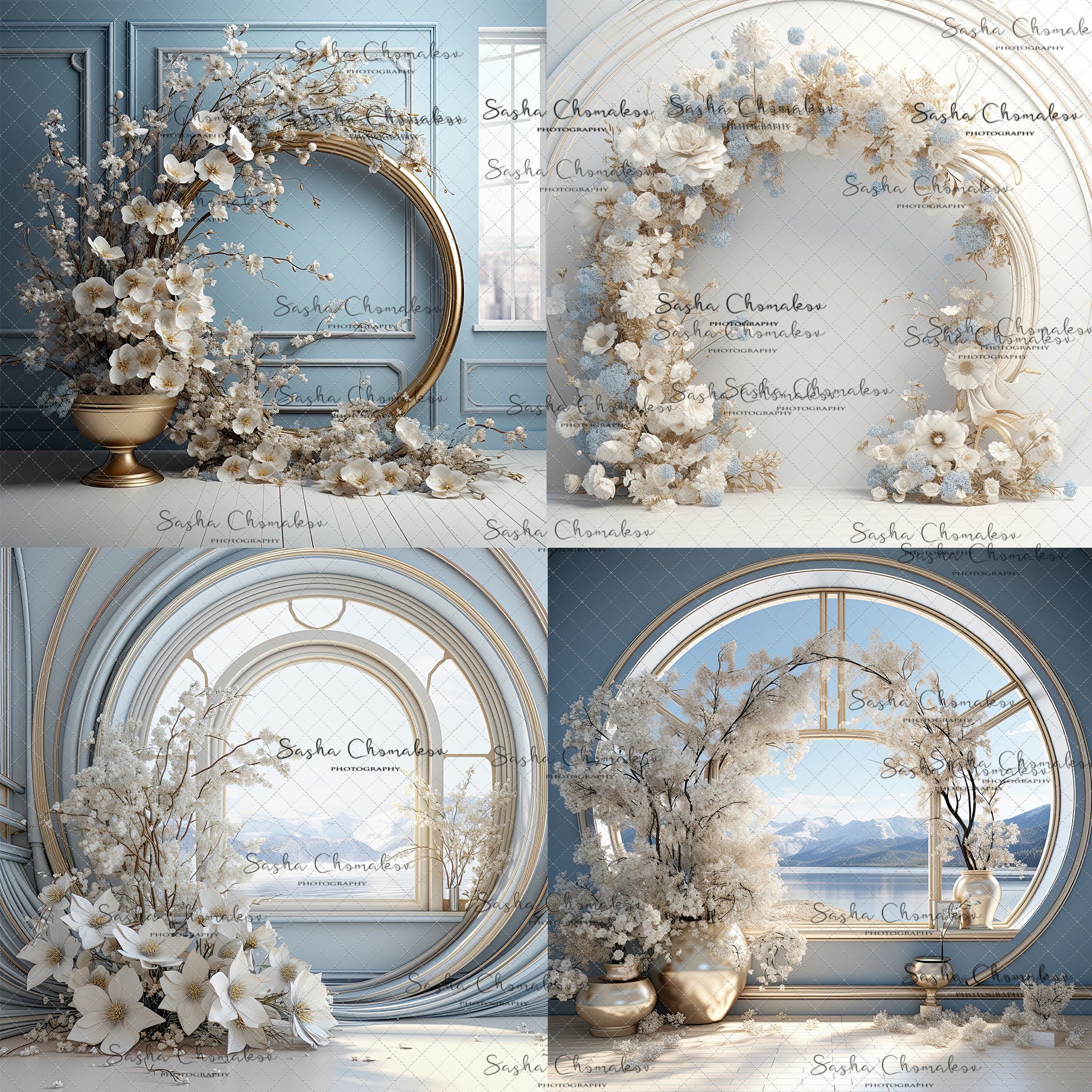 Digital Backdrops Ai generated side lit blues gold floral rings , wreaths