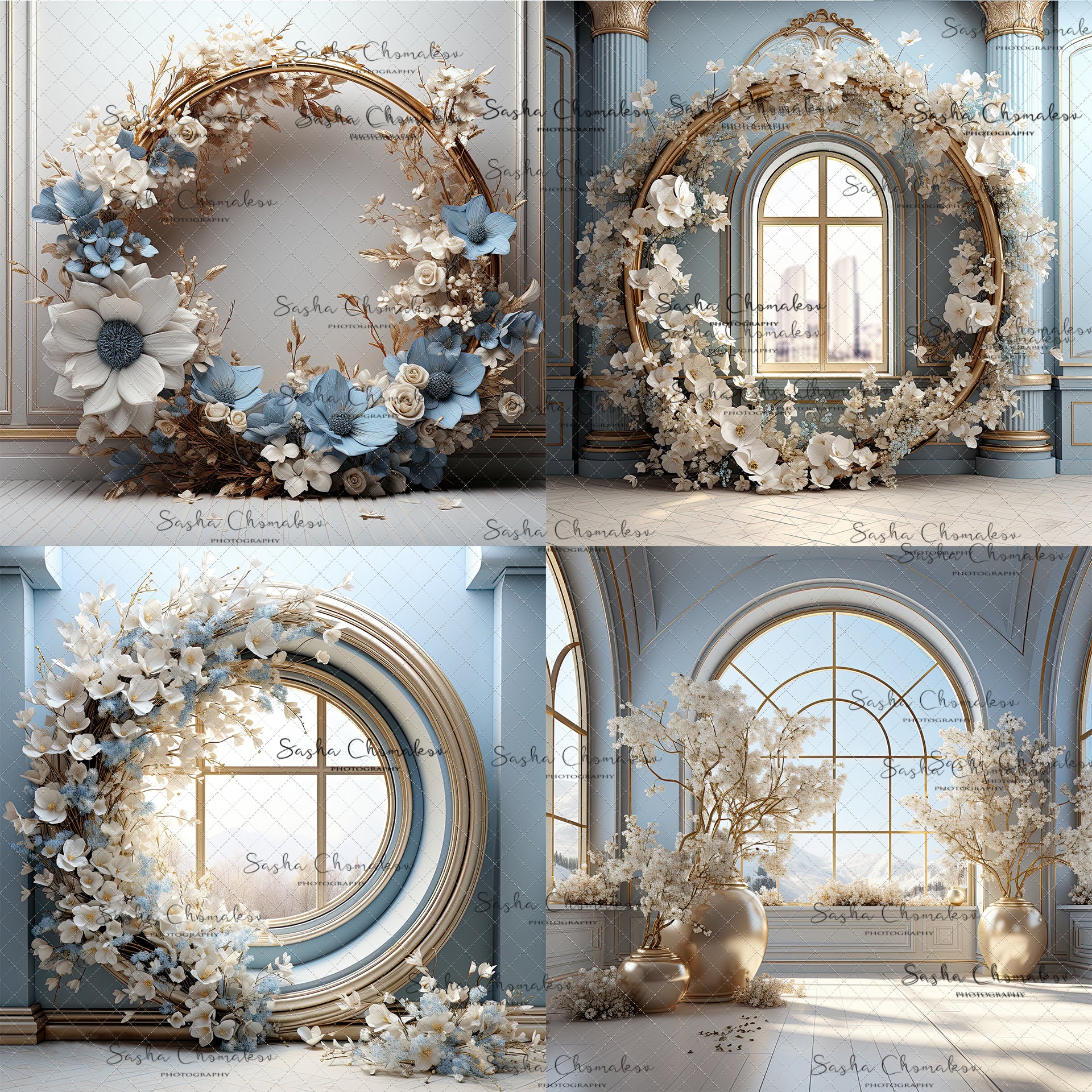 Digital Backdrops Ai generated side lit blues gold floral rings , wreaths