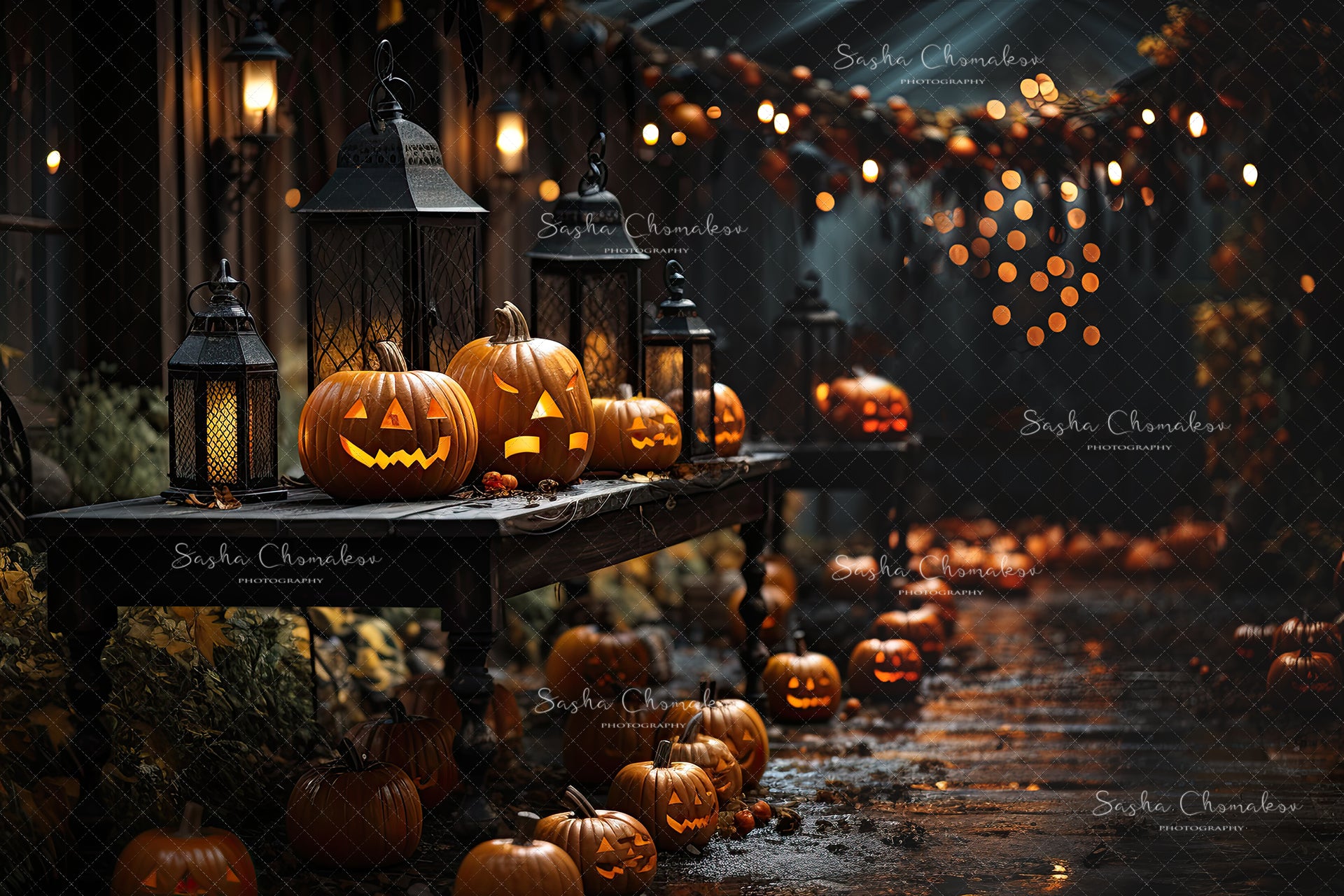 Digital backgrounds Ai generated pumpkins at night with bokeh Fall 23