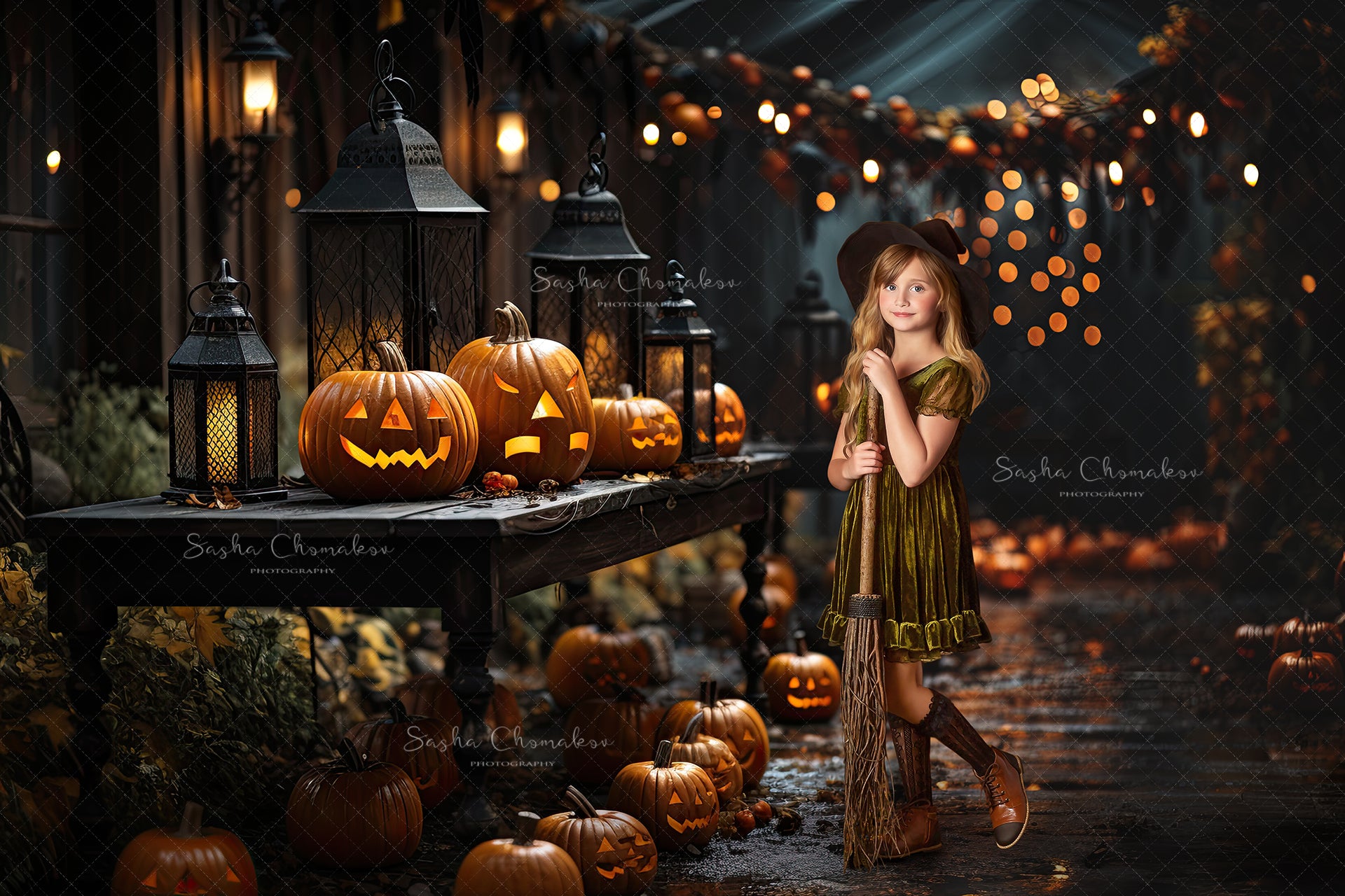 Digital backgrounds Ai generated pumpkins at night with bokeh Fall 23