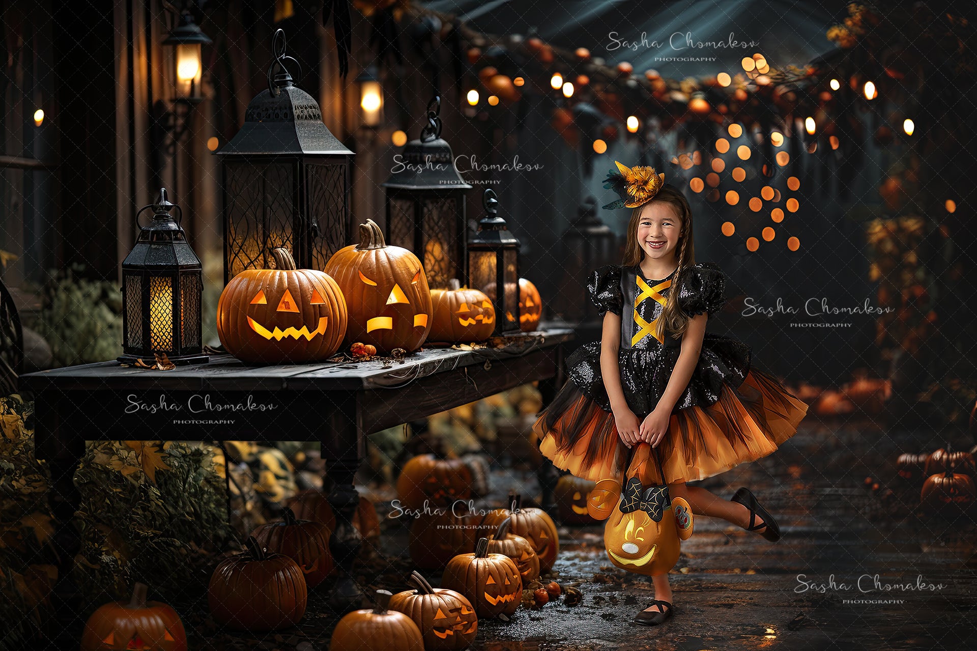 Digital backgrounds Ai generated pumpkins at night with bokeh Fall 23