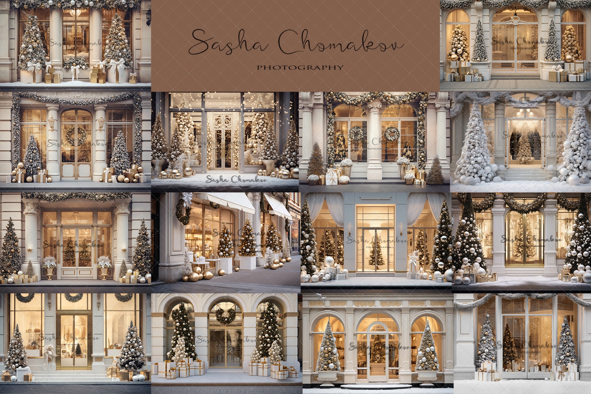 Digital backgrounds Ai generated Christmas white store front
