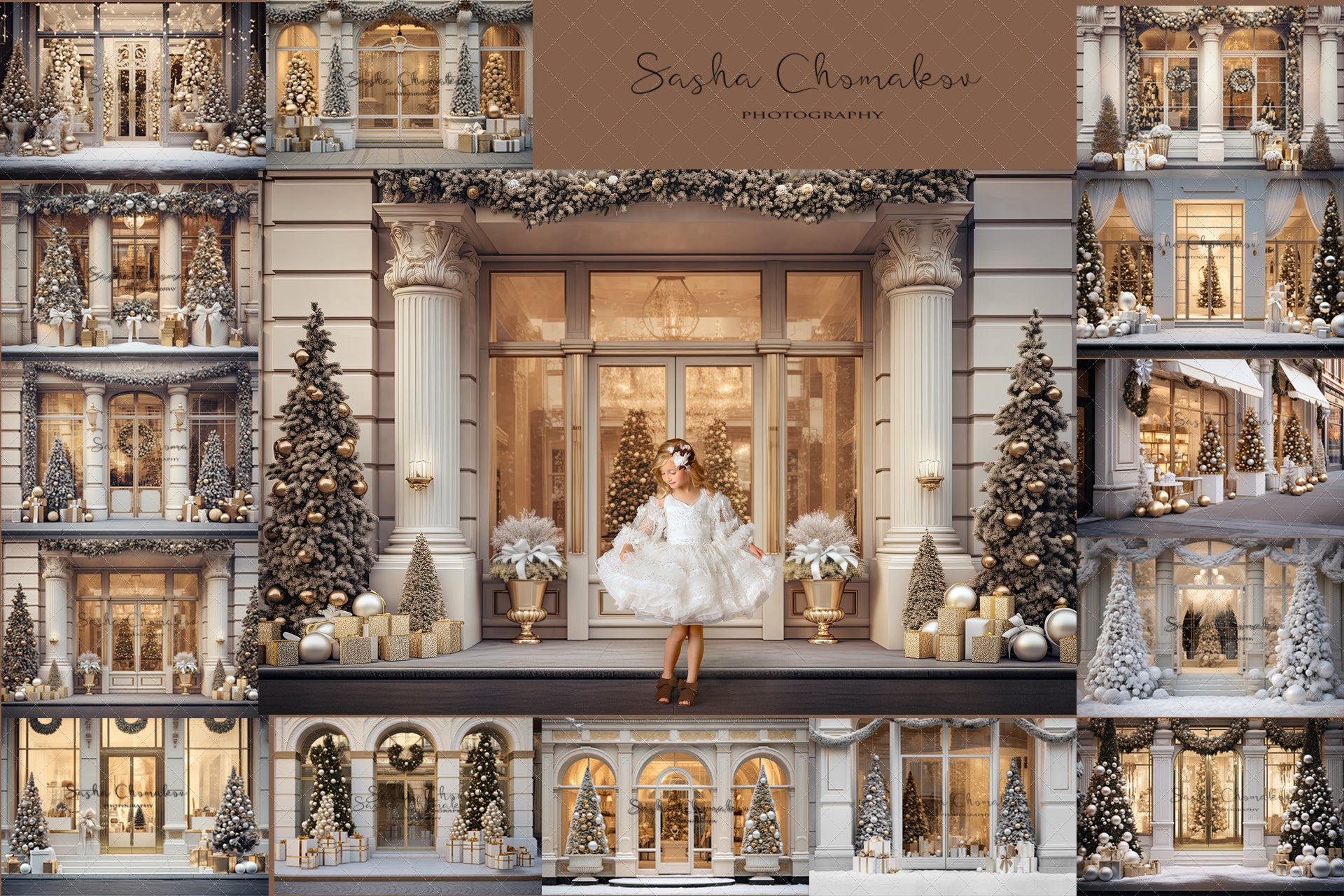 Digital backgrounds Ai generated Christmas white store front