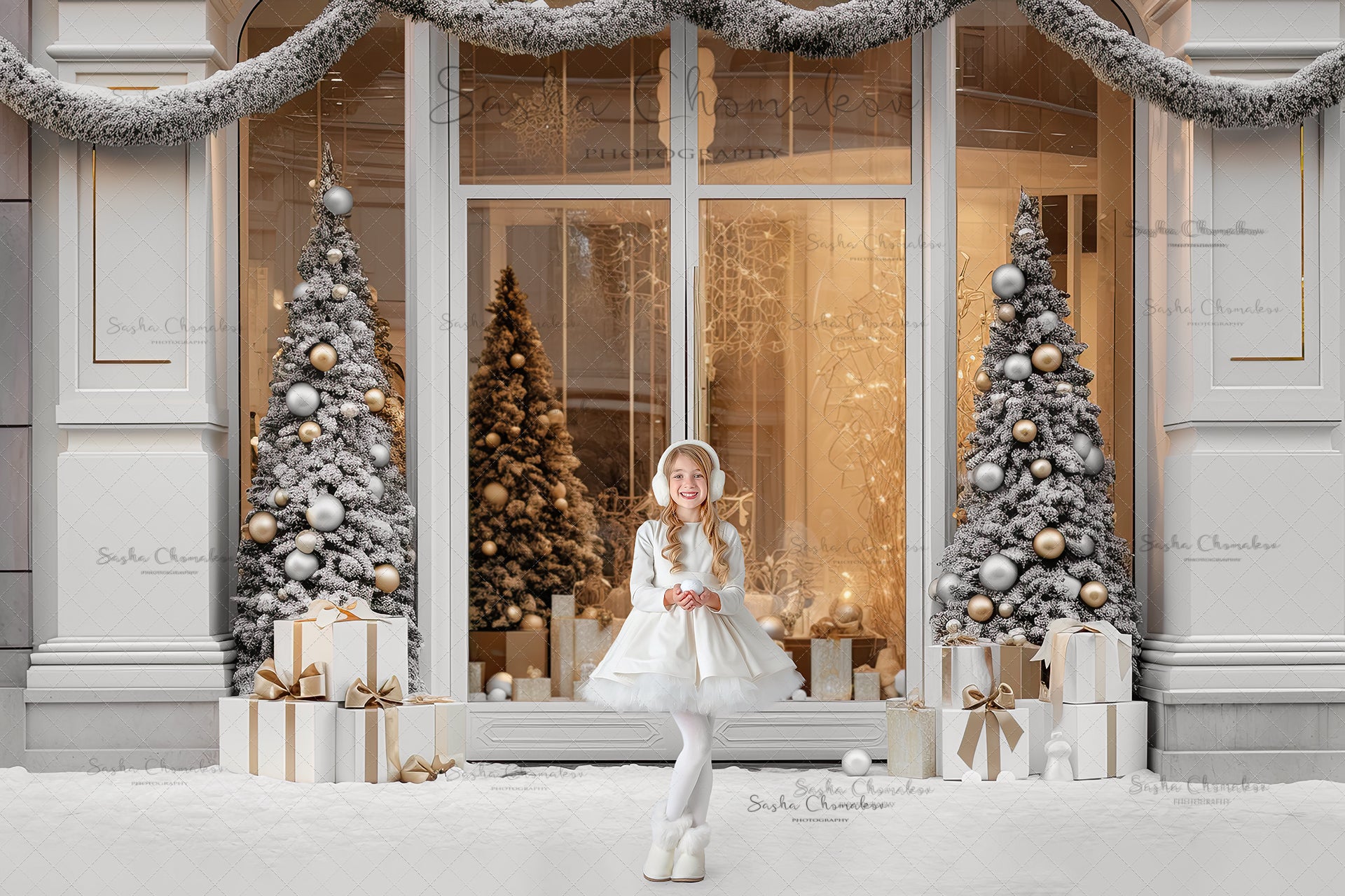 Digital backgrounds Ai generated Christmas white store front
