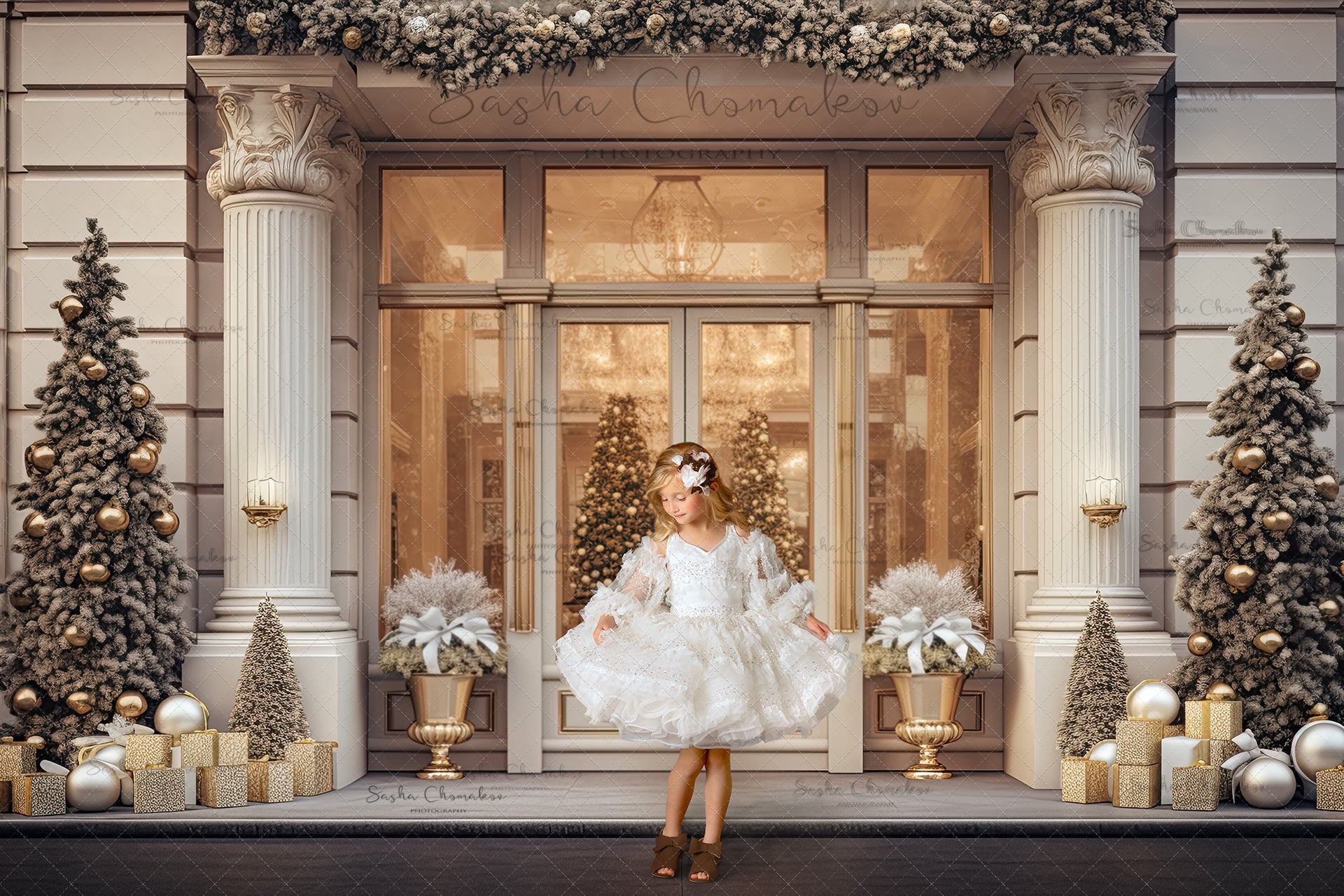 Digital backgrounds Ai generated Christmas white store front