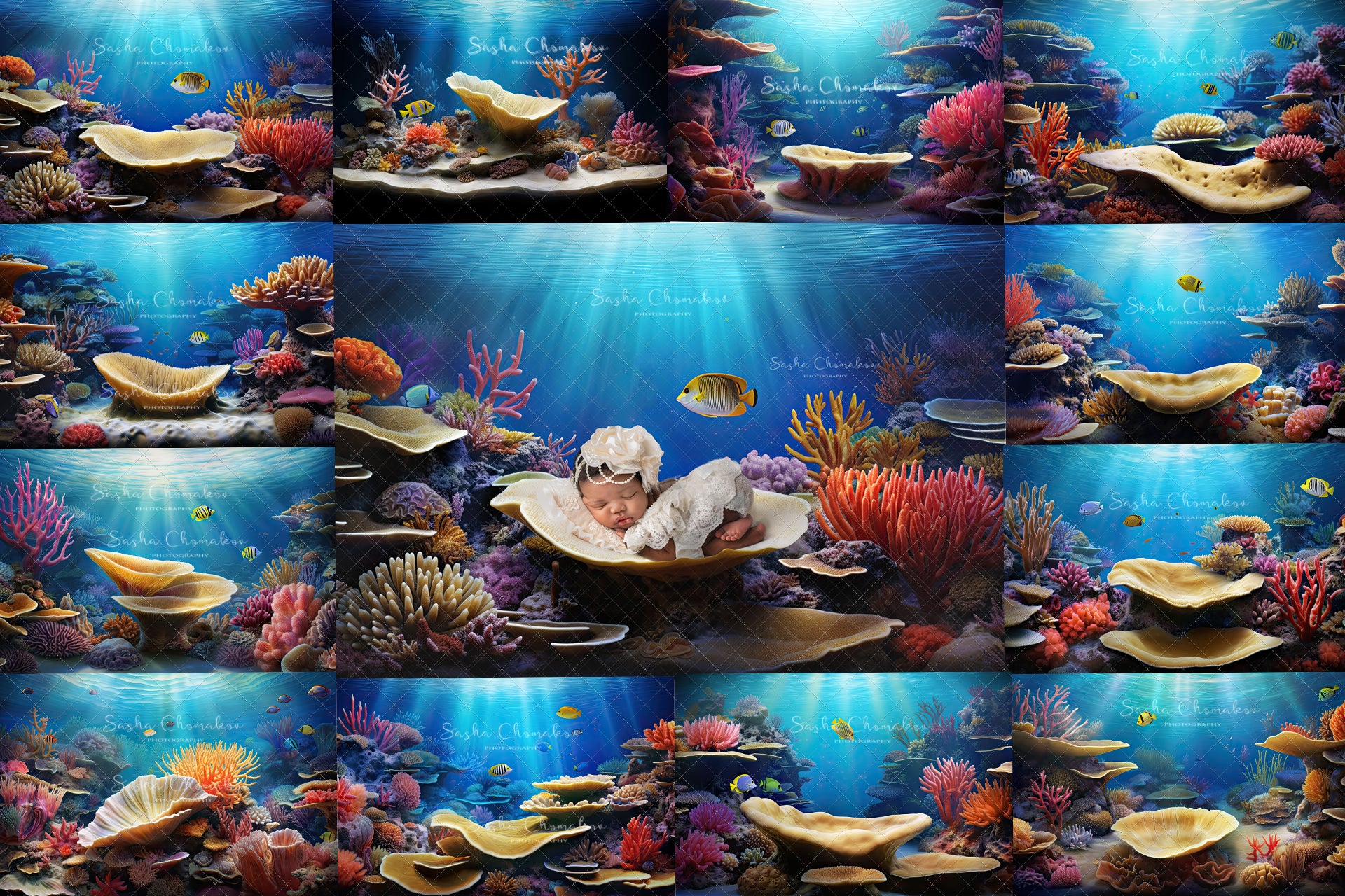 Digital backgrounds Mermaid seafloor illustration Ai generated set 2 newborns