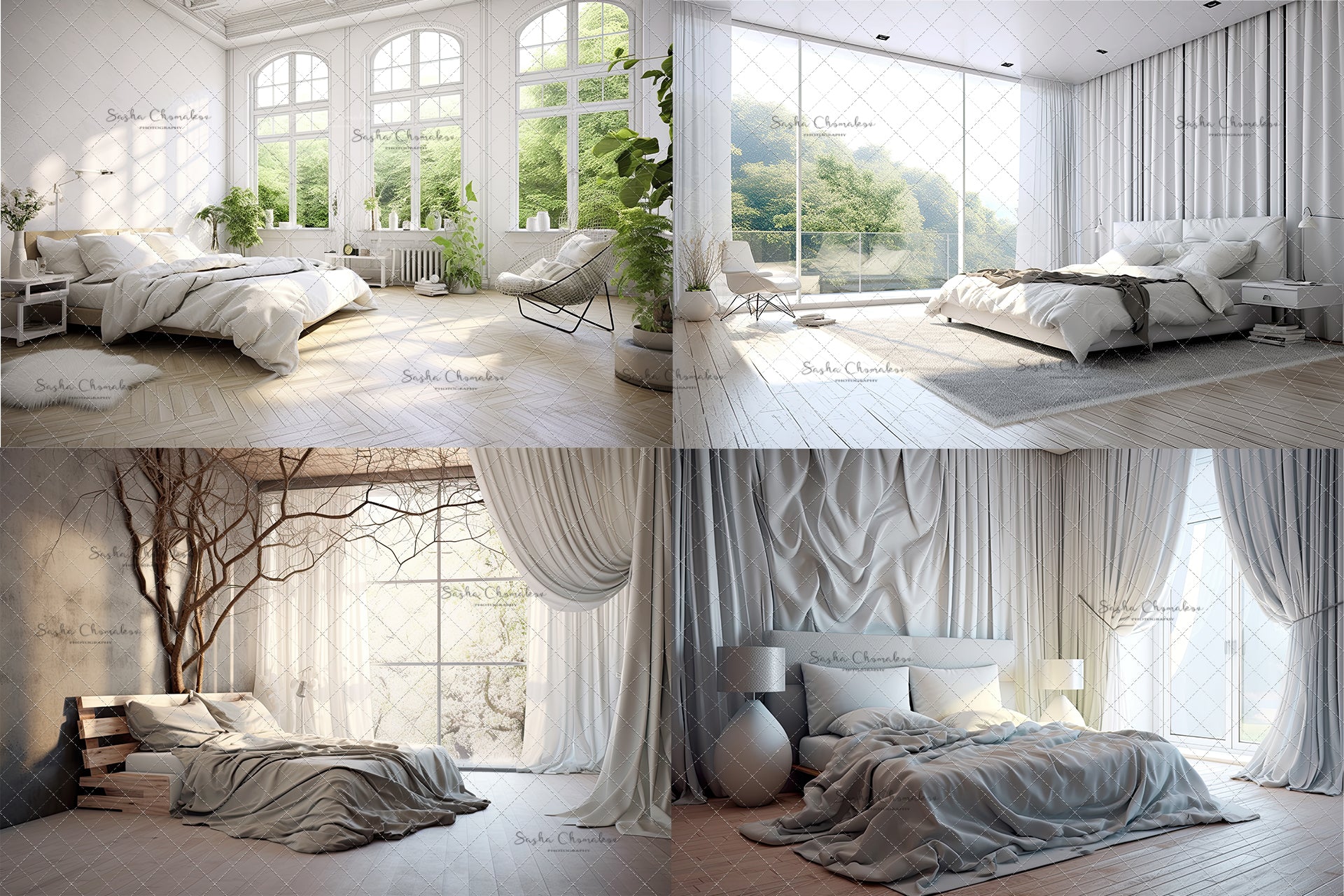 Digital backgrounds white modern white bedrooms Ai generated