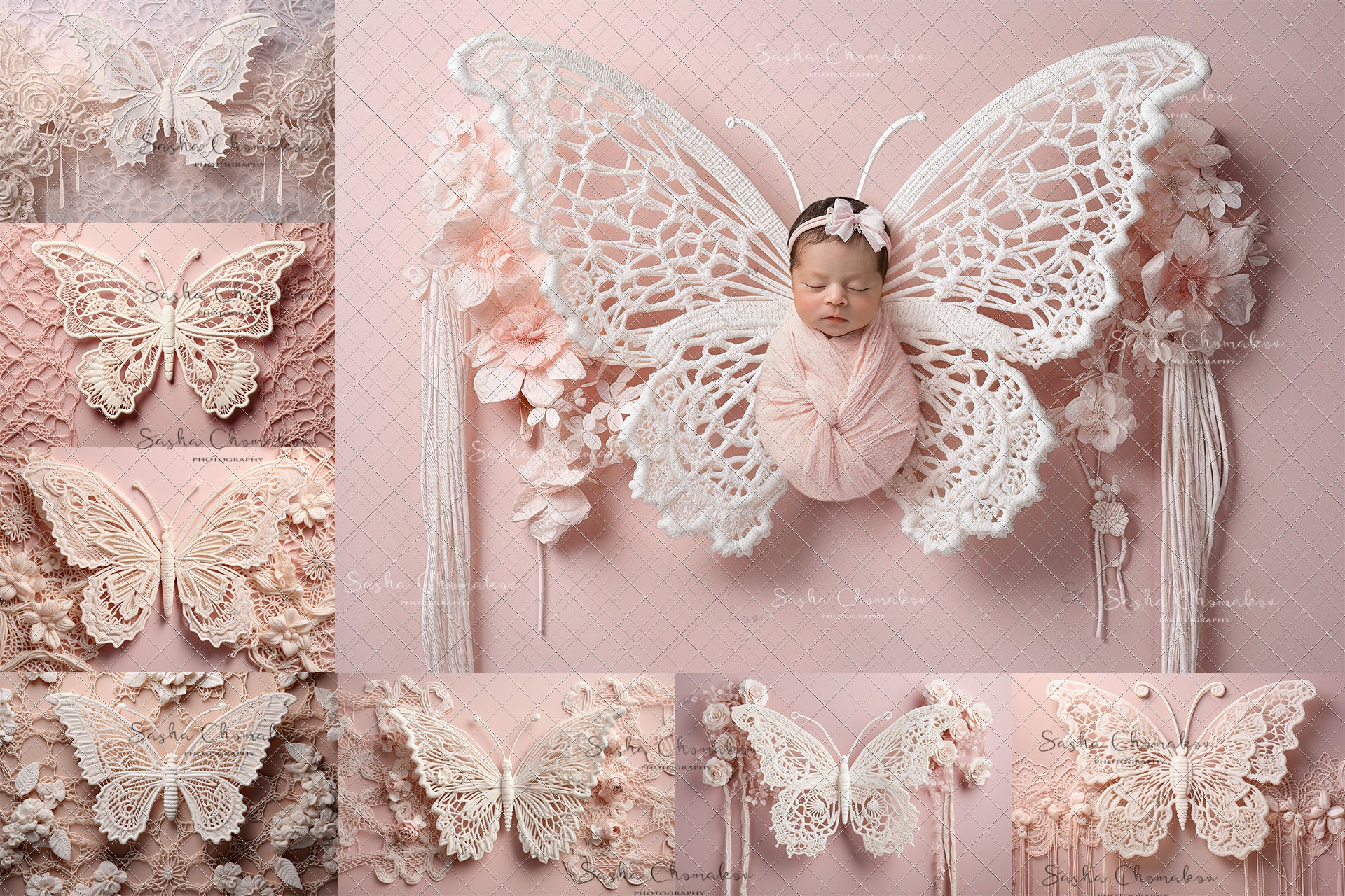 Digital Backdrops Ai generated boho butterflies pink set 1
