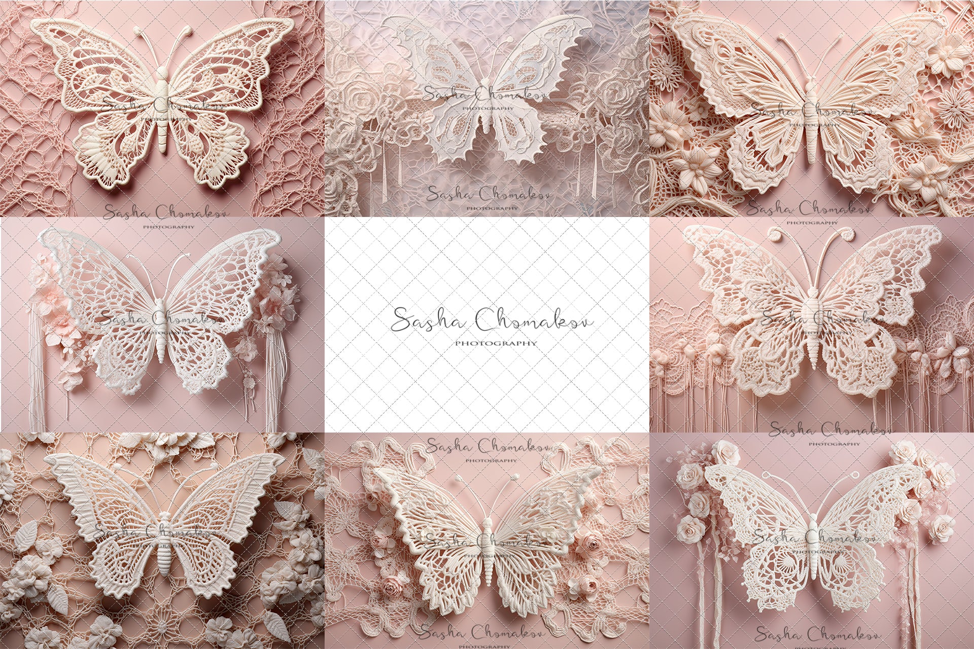 Digital Backdrops Ai generated boho butterflies pink set 1