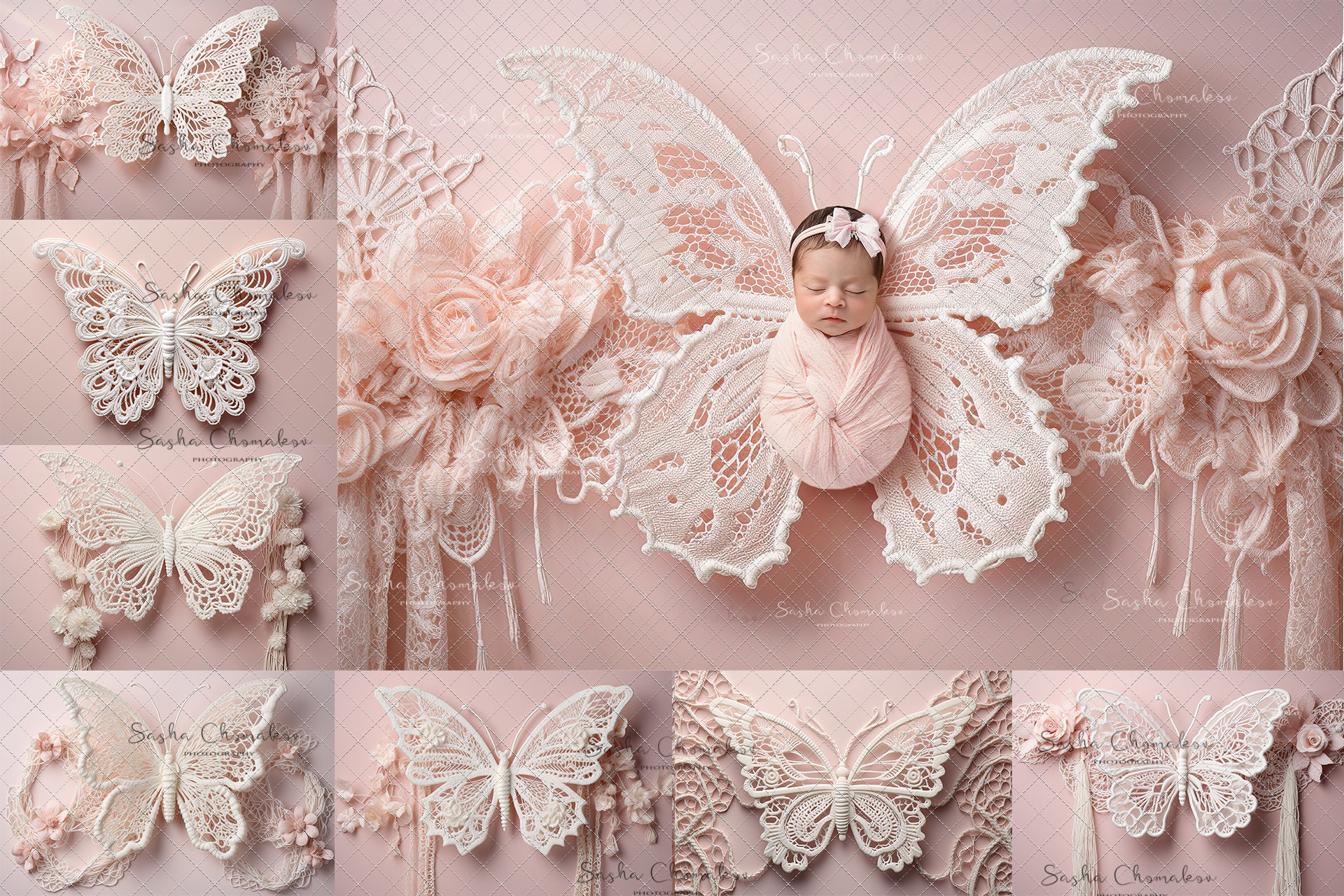 Digital Backdrops Ai generated boho butterflies pink set 2